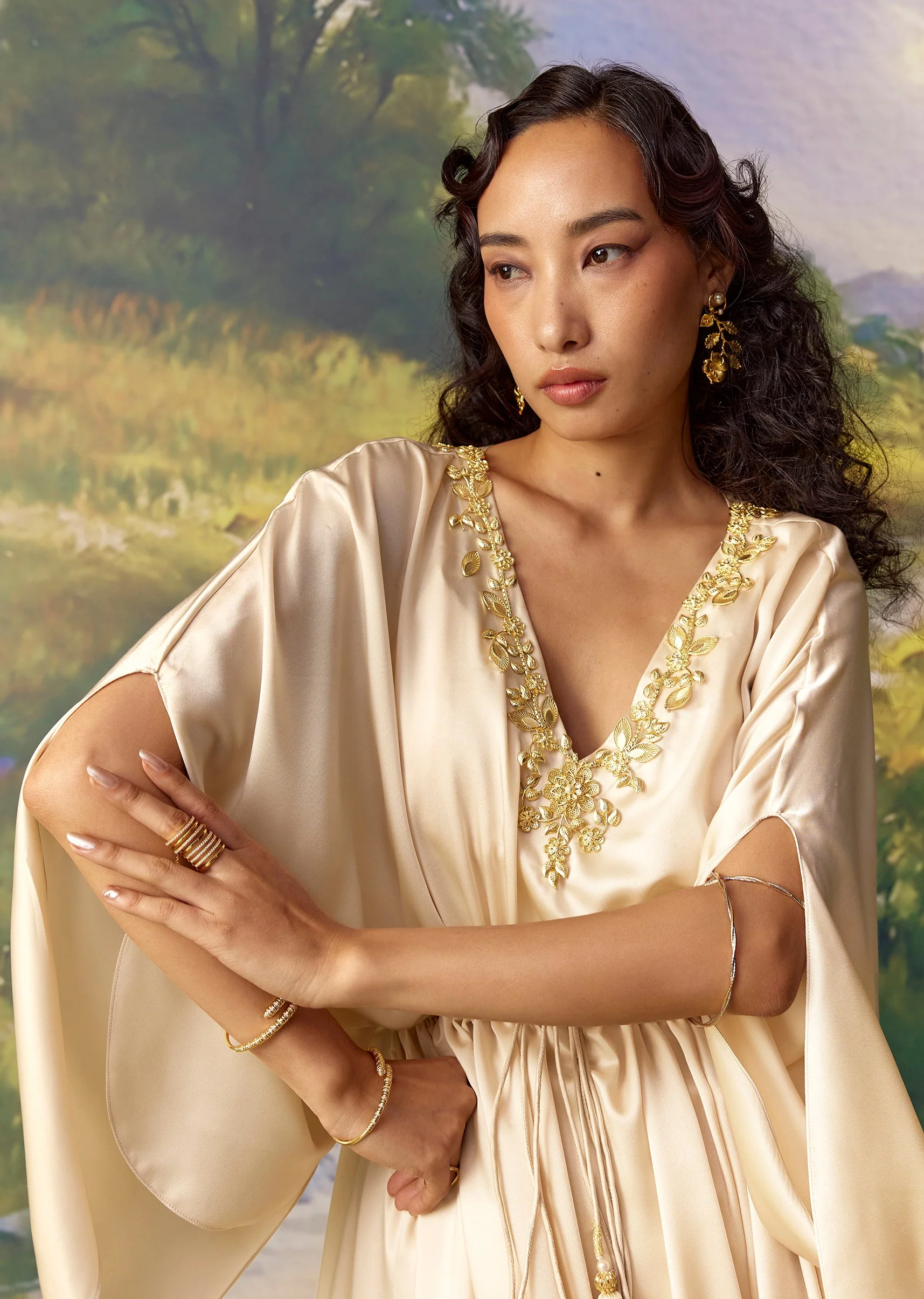 Gold Satin Metal Work Kaftan Set - Image 3