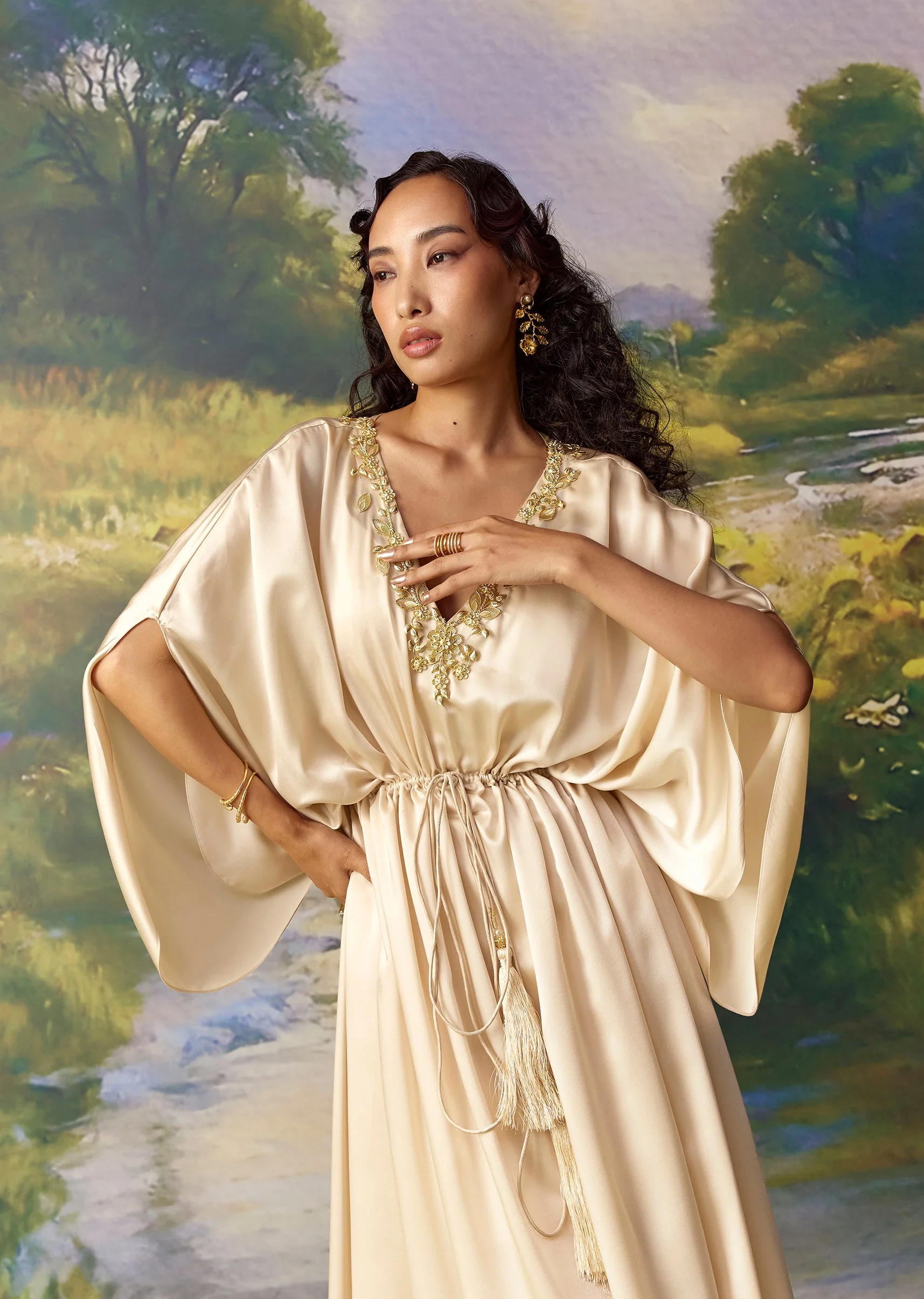 Gold Satin Metal Work Kaftan Set - Image 5
