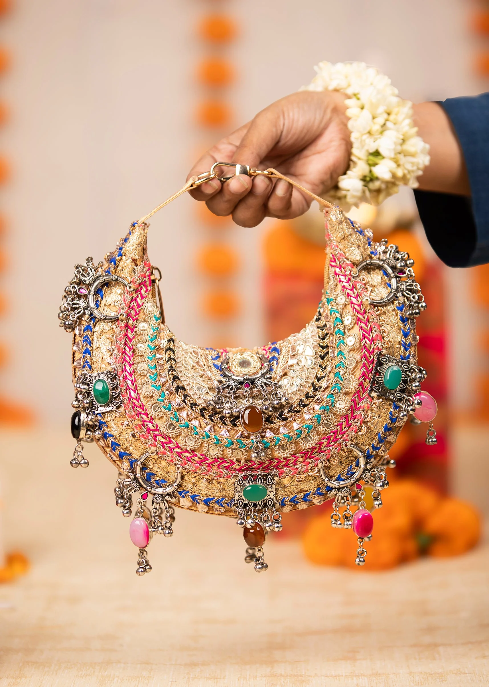 Gold Silk Embroidered Bag with Bead Tassels