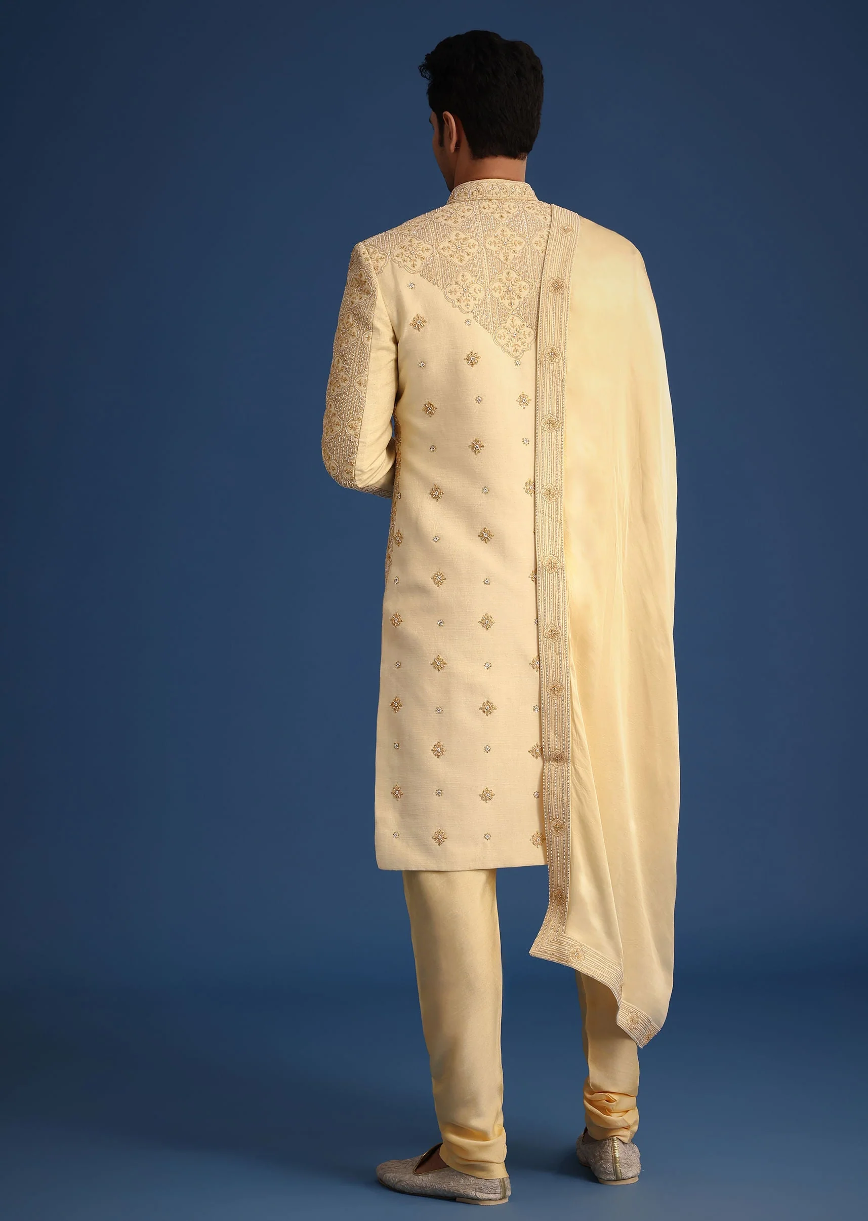 Gold Silk Embroidered Sherwani Set With Dupatta - Image 5