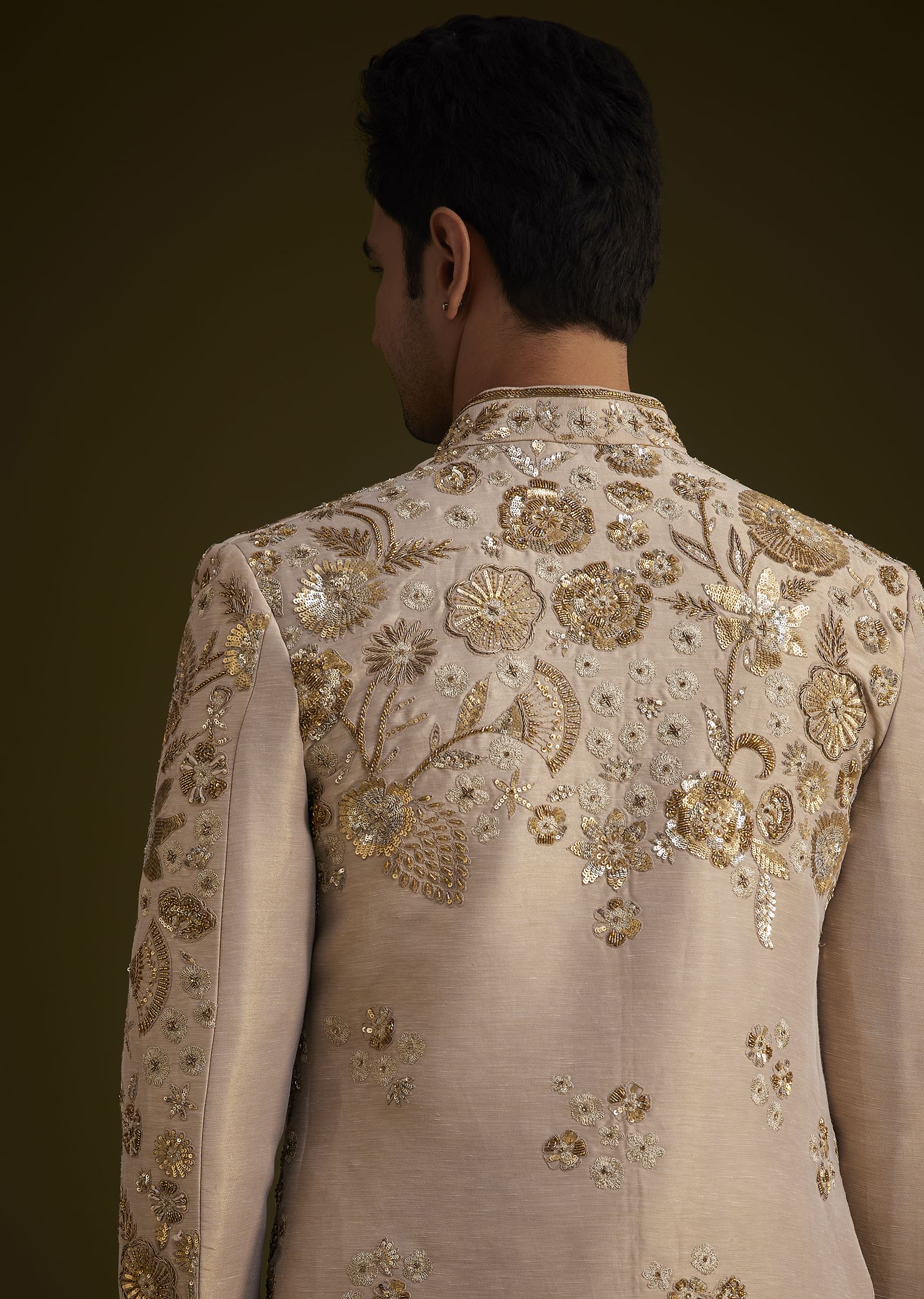 Gold Silk Indowestern Suit With Floral Zardosi Embroidery - Image 3