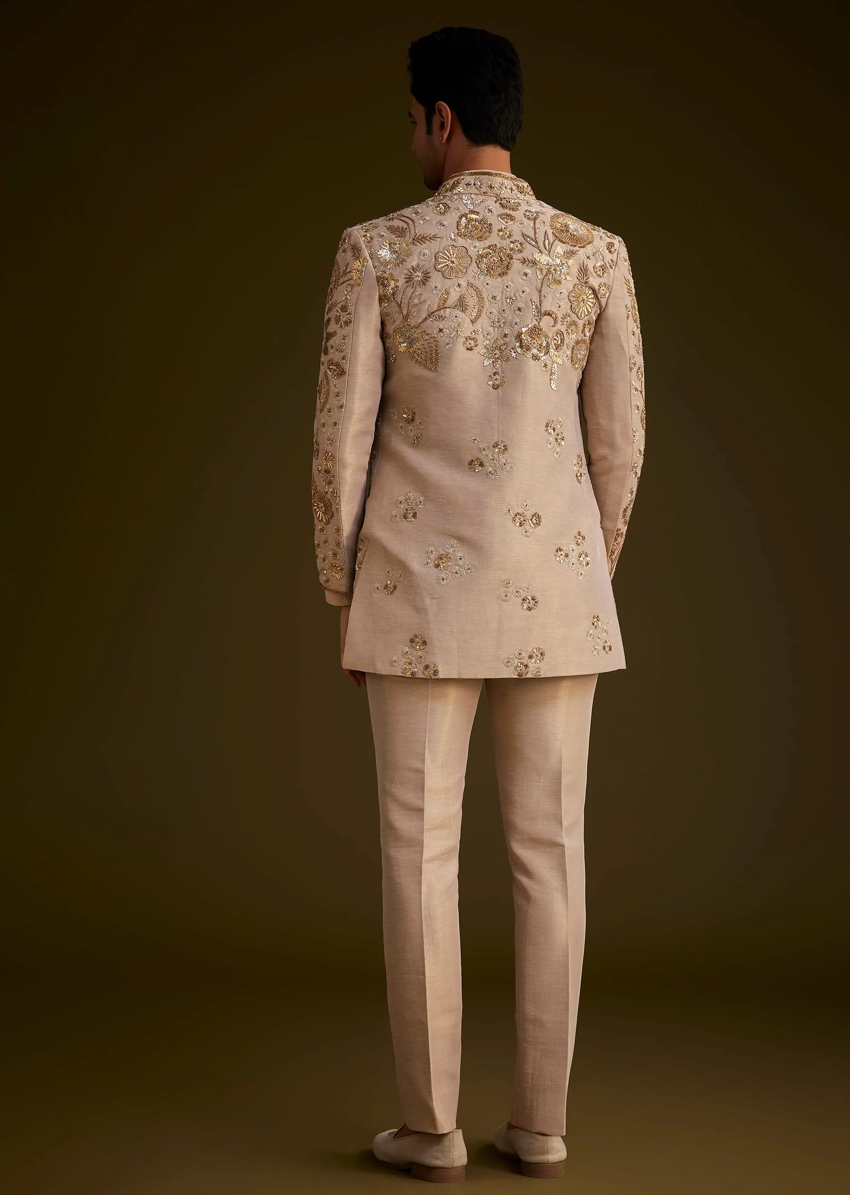 Gold Silk Indowestern Suit With Floral Zardosi Embroidery - Image 5