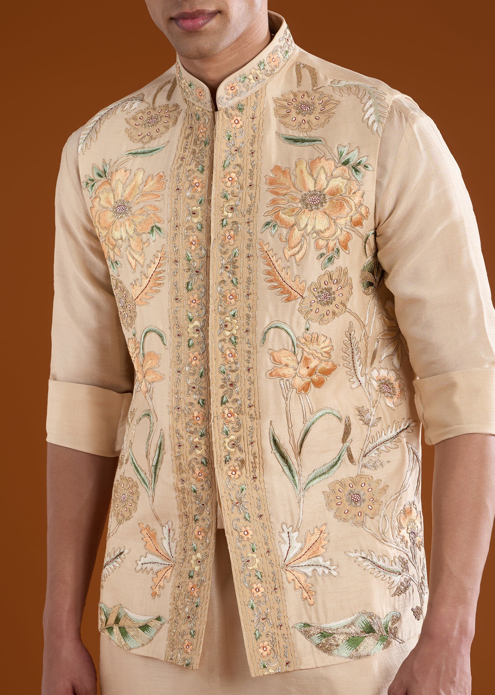 Gold Silk Jacket Kurta Set with Resham Work - Image 2