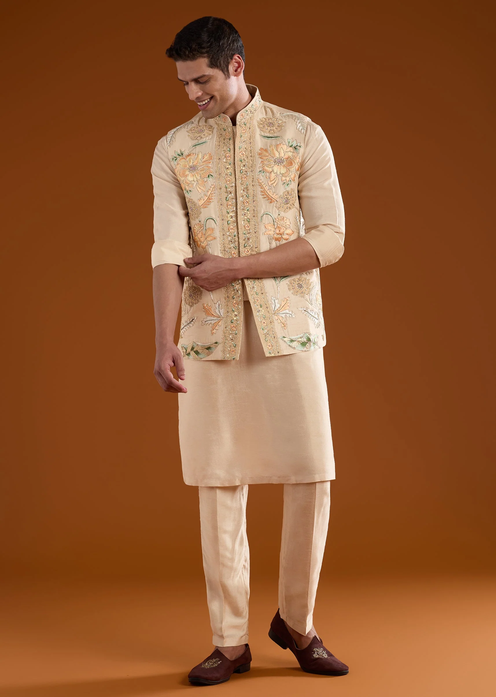 Gold Silk Jacket Kurta Set with Resham Work - Image 3