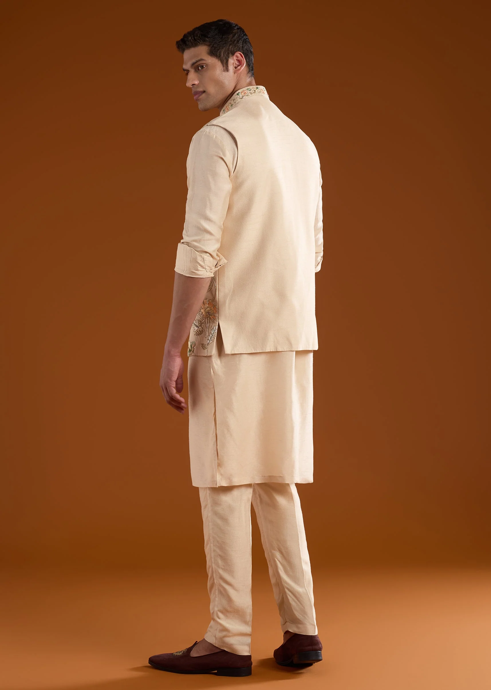 Gold Silk Jacket Kurta Set with Resham Work - Image 4