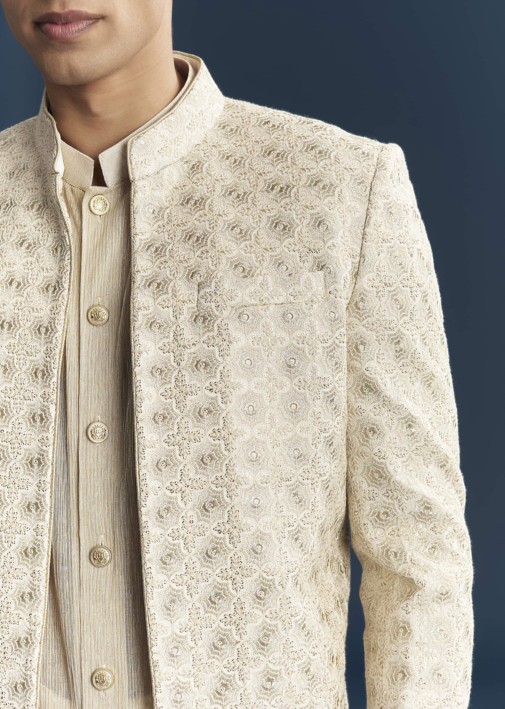 Gold Silk Kurta Jacket Set For Men With Embellishments - Image 2