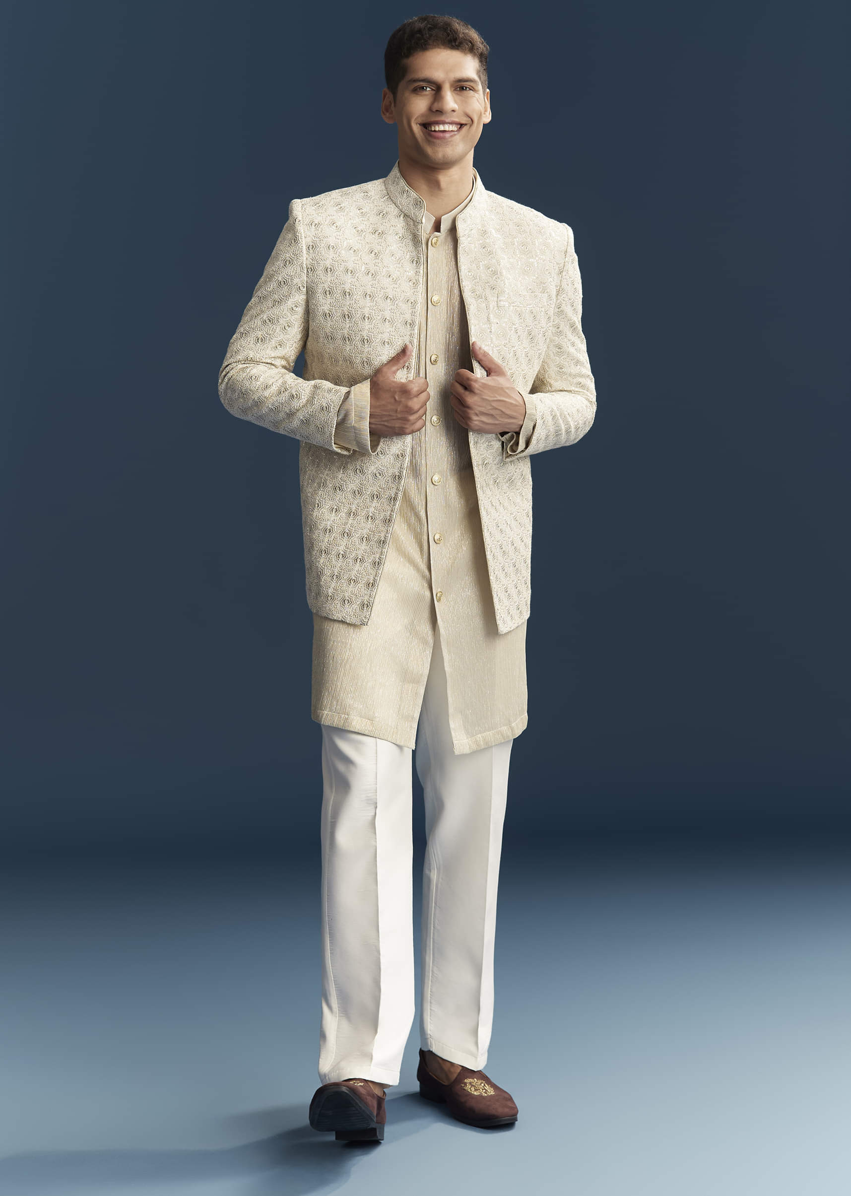 Gold Silk Kurta Jacket Set For Men With Embellishments - Image 3