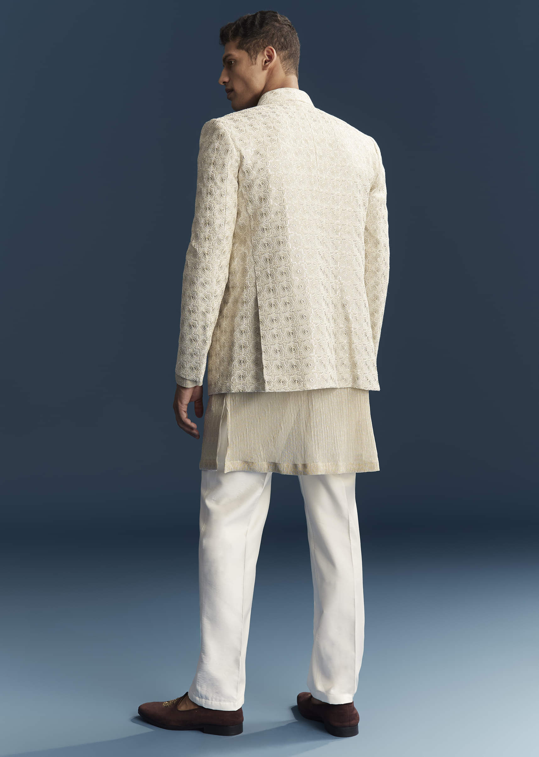 Gold Silk Kurta Jacket Set For Men With Embellishments - Image 5