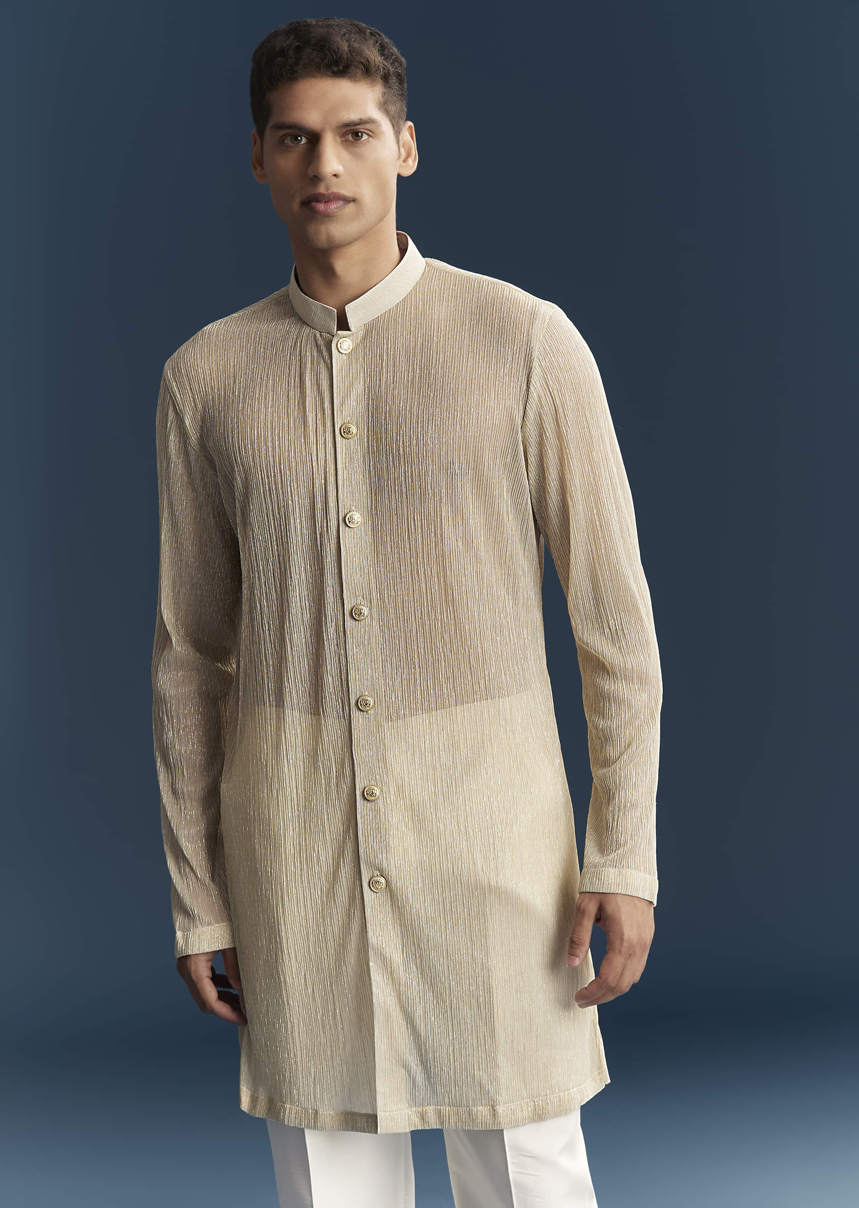 Gold Silk Kurta Jacket Set For Men With Embellishments - Image 6