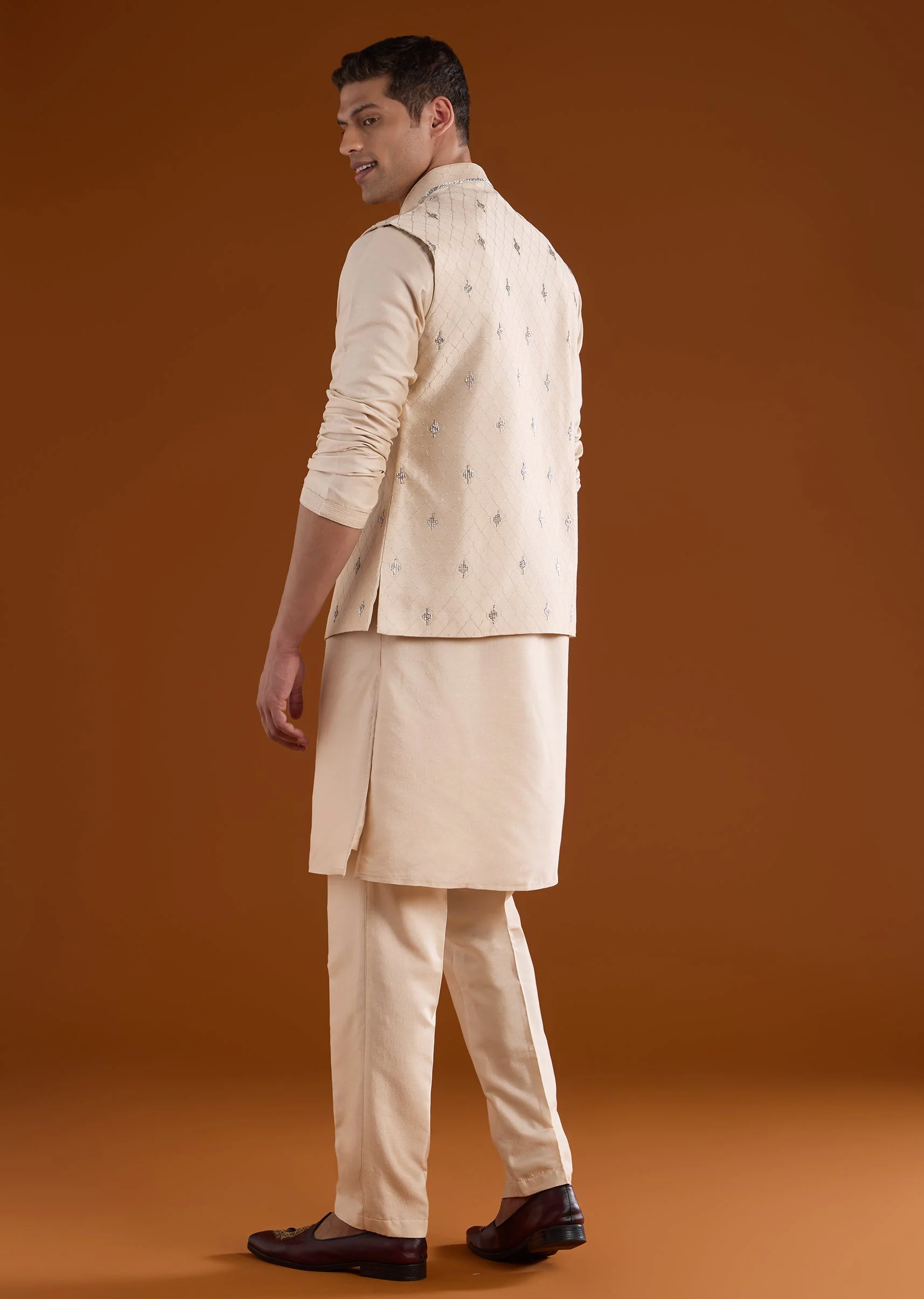 Gold Silk Mens Kurta Jacket Set With Thread Metal And Bead Work - Image 5