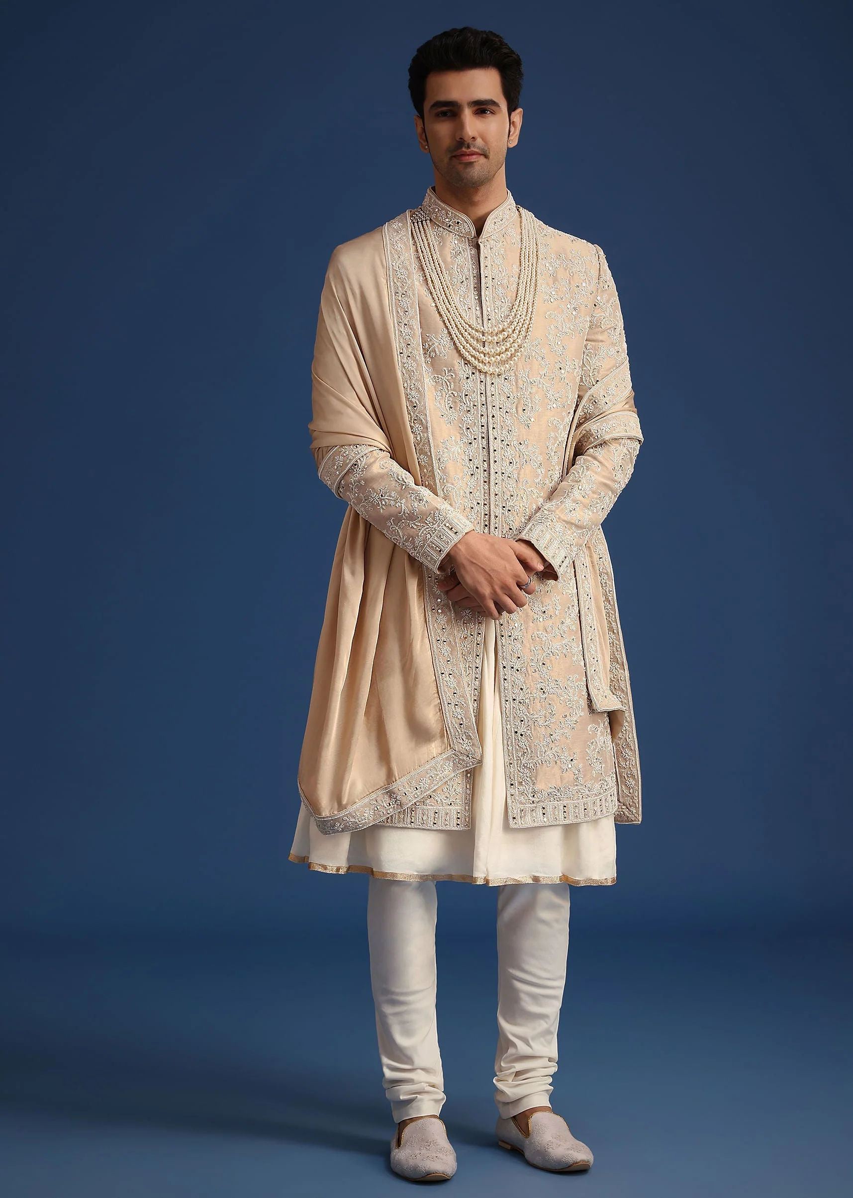 Gold Silk Mirror Work Sherwani Set With Dupatta - Image 3