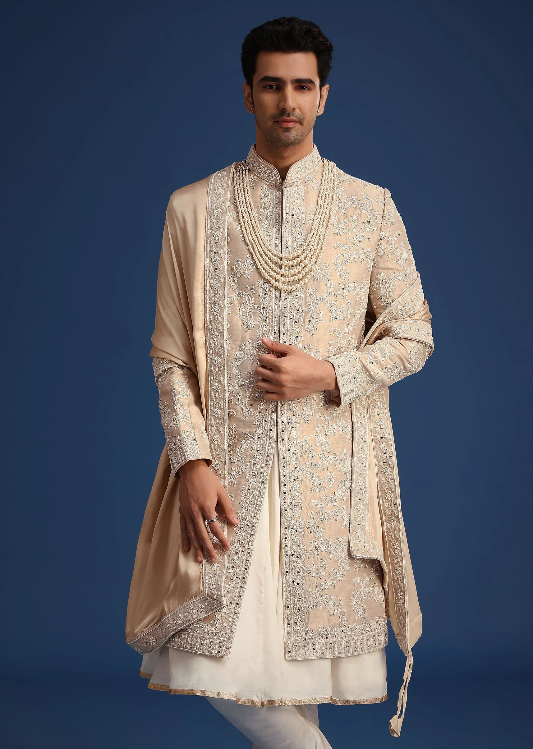 Gold Silk Mirror Work Sherwani Set With Dupatta - Image 4