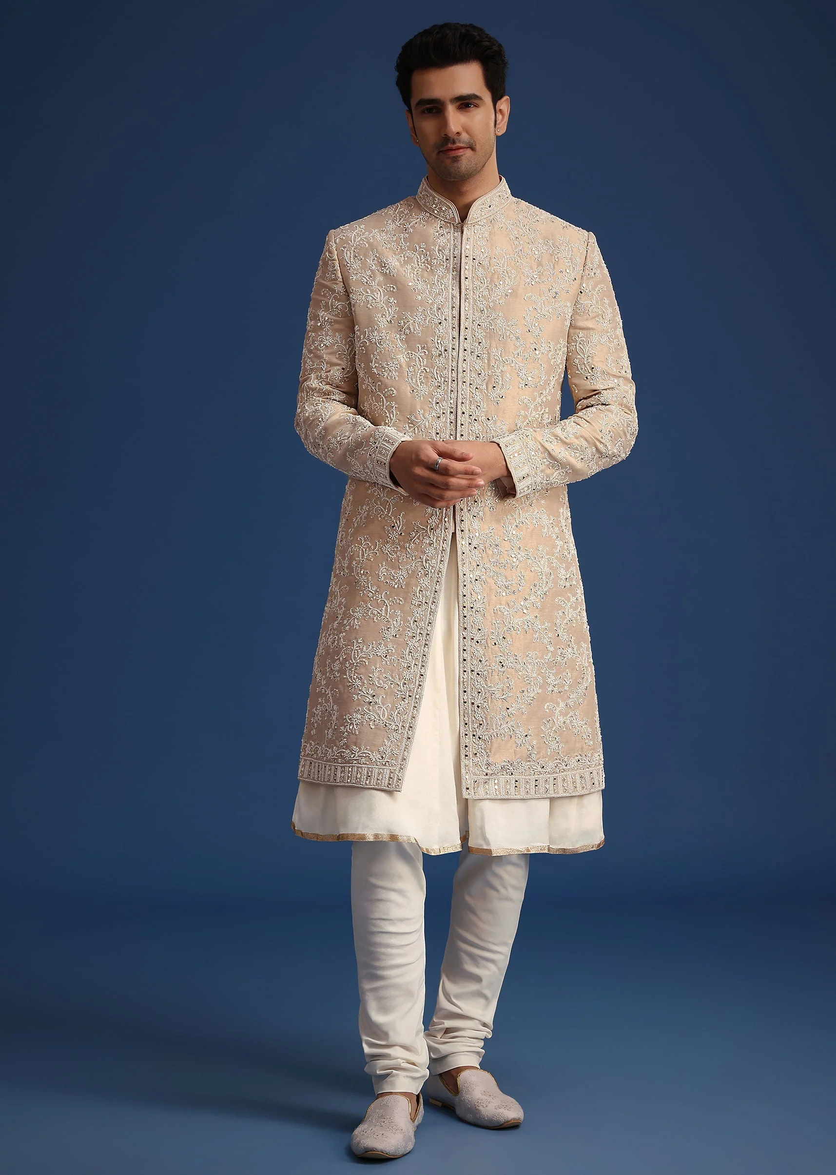 Gold Silk Mirror Work Sherwani Set With Dupatta - Image 6