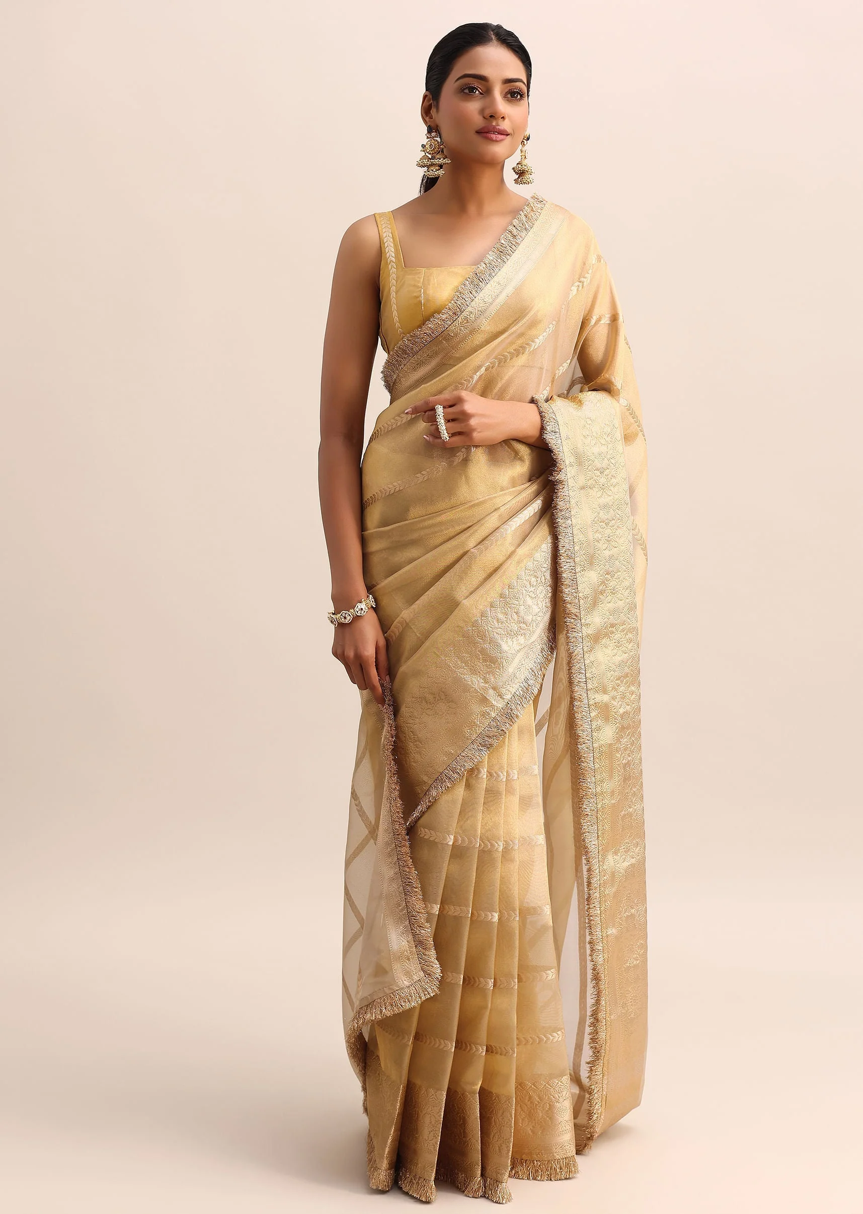 Gold Silk Saree With Zari Woven Border And Zari Frill With Unstitched Blouse - Image 2