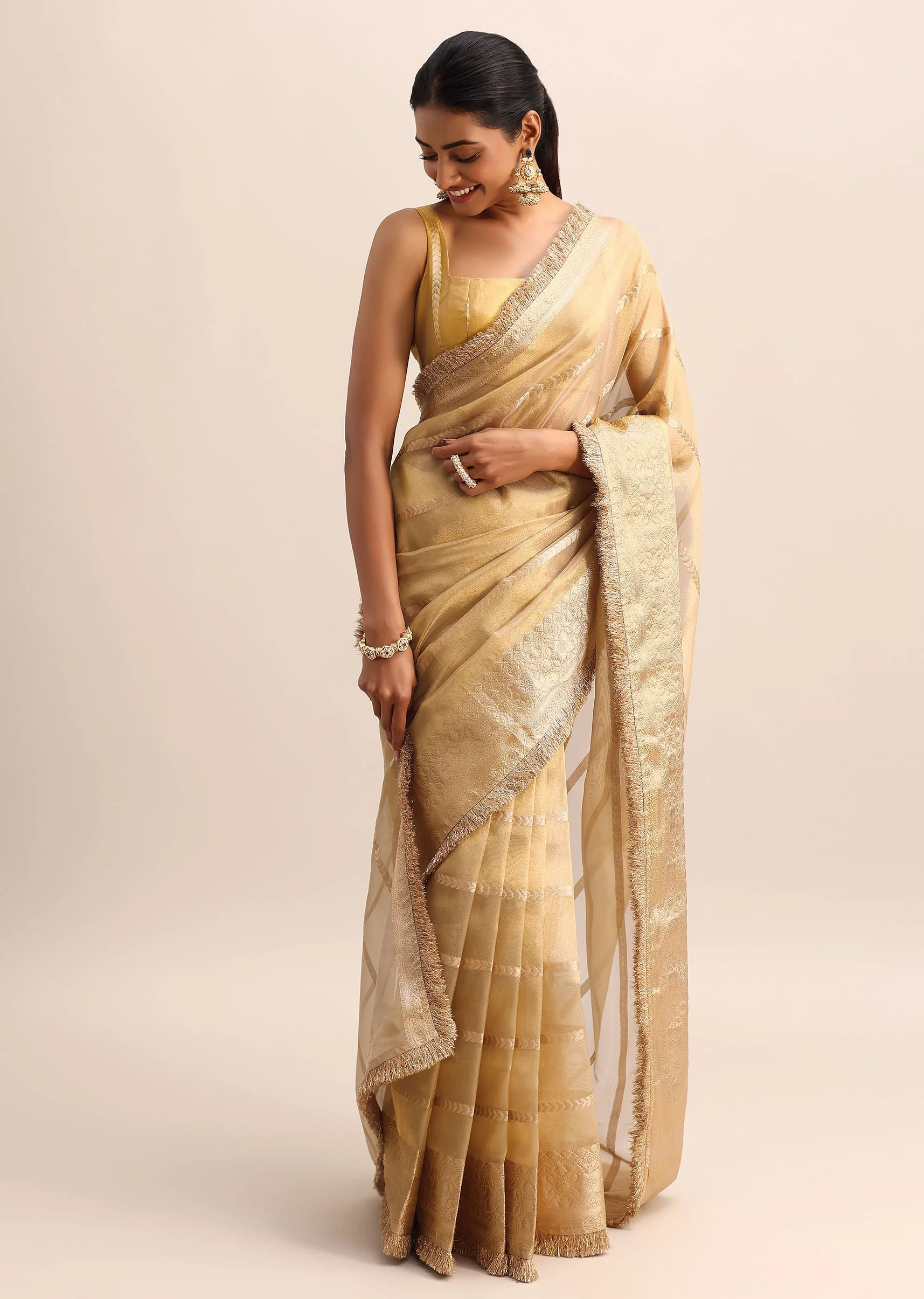 Gold Silk Saree With Zari Woven Border And Zari Frill With Unstitched Blouse - Image 3