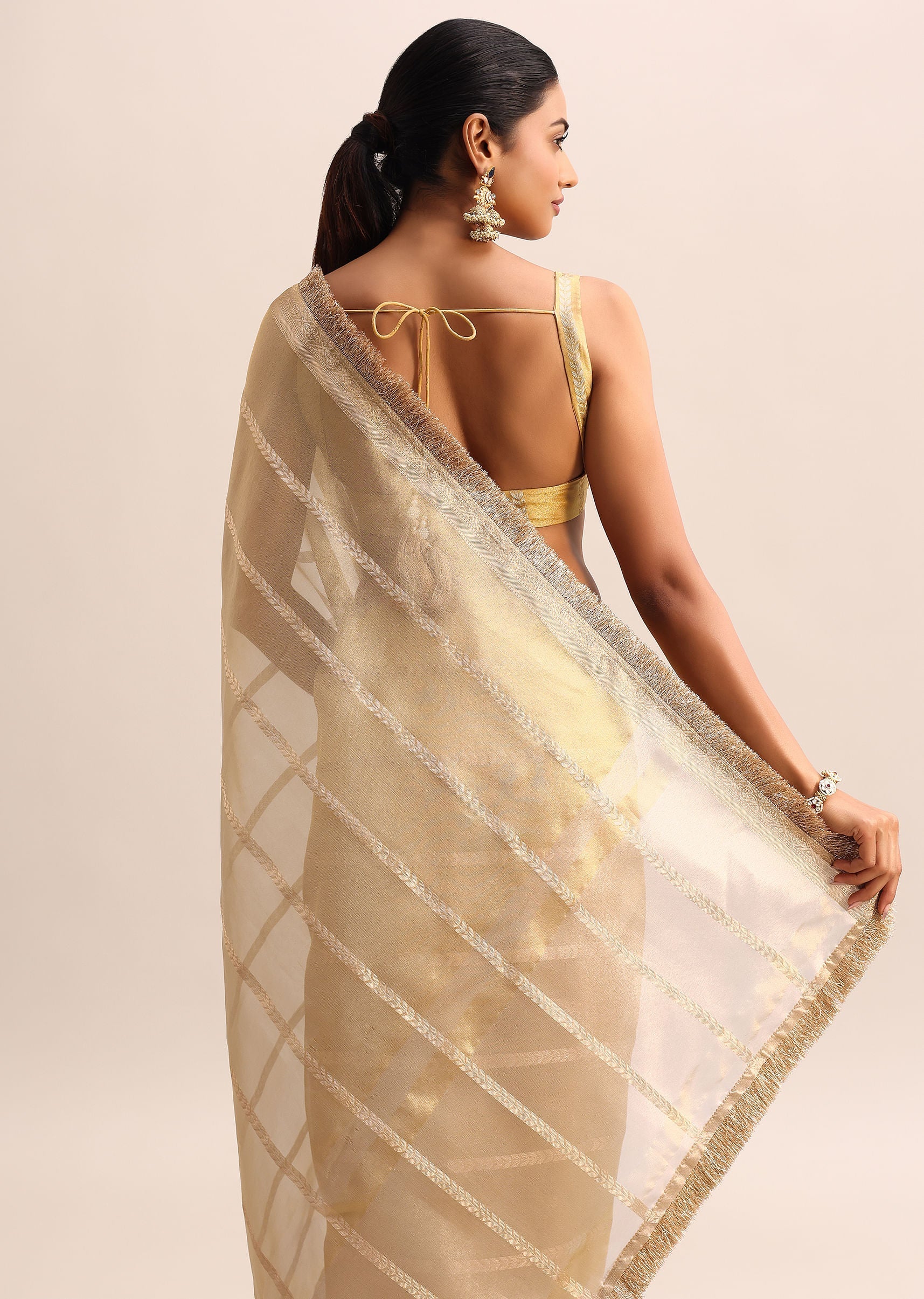 Gold Silk Saree With Zari Woven Border And Zari Frill With Unstitched Blouse - Image 5