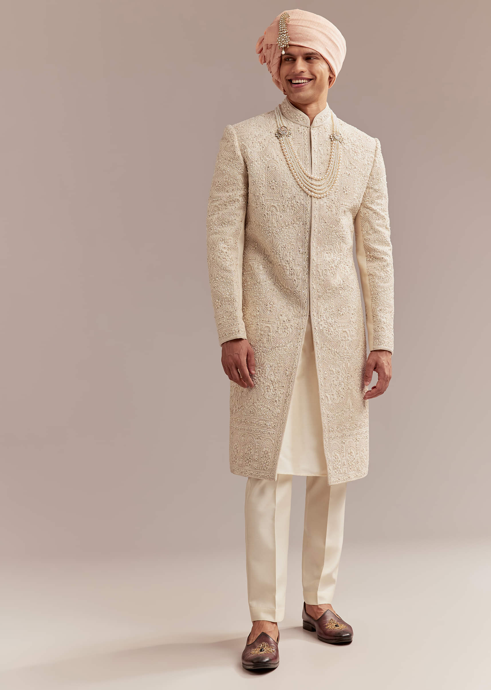 Gold Silk Sherwani For Groom With Heavy Hand Work - Image 3
