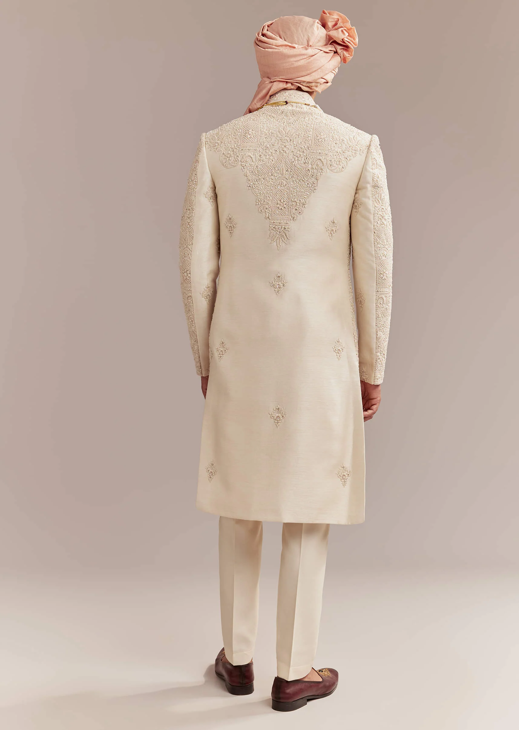 Gold Silk Sherwani For Groom With Heavy Hand Work - Image 5