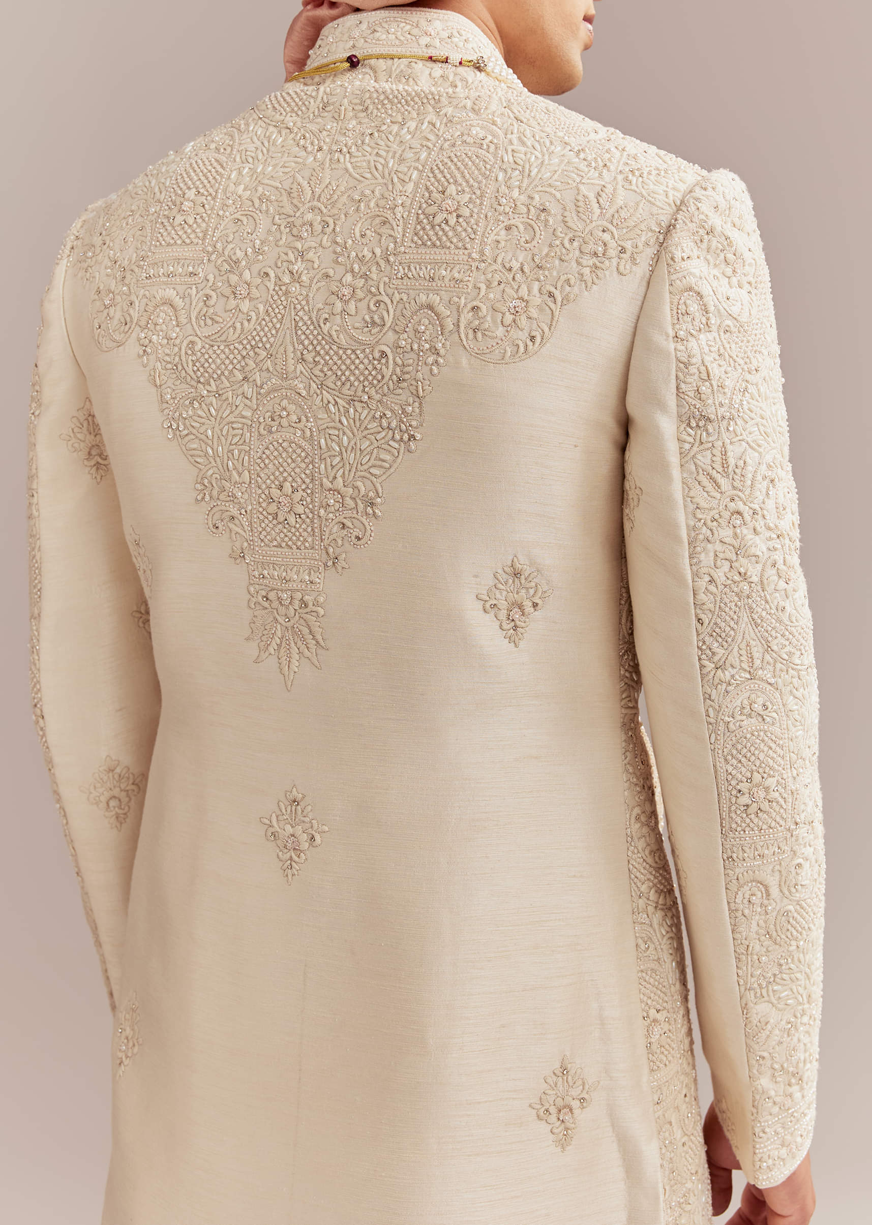 Gold Silk Sherwani For Groom With Heavy Hand Work - Image 6