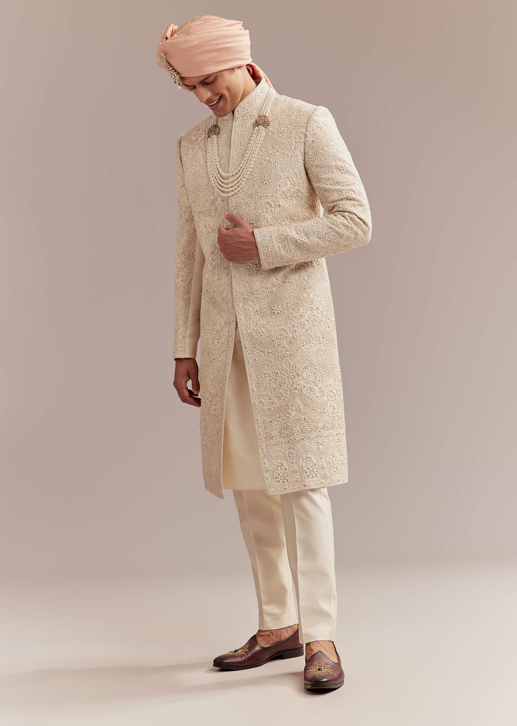 Gold Silk Sherwani For Groom With Heavy Hand Work - Image 9