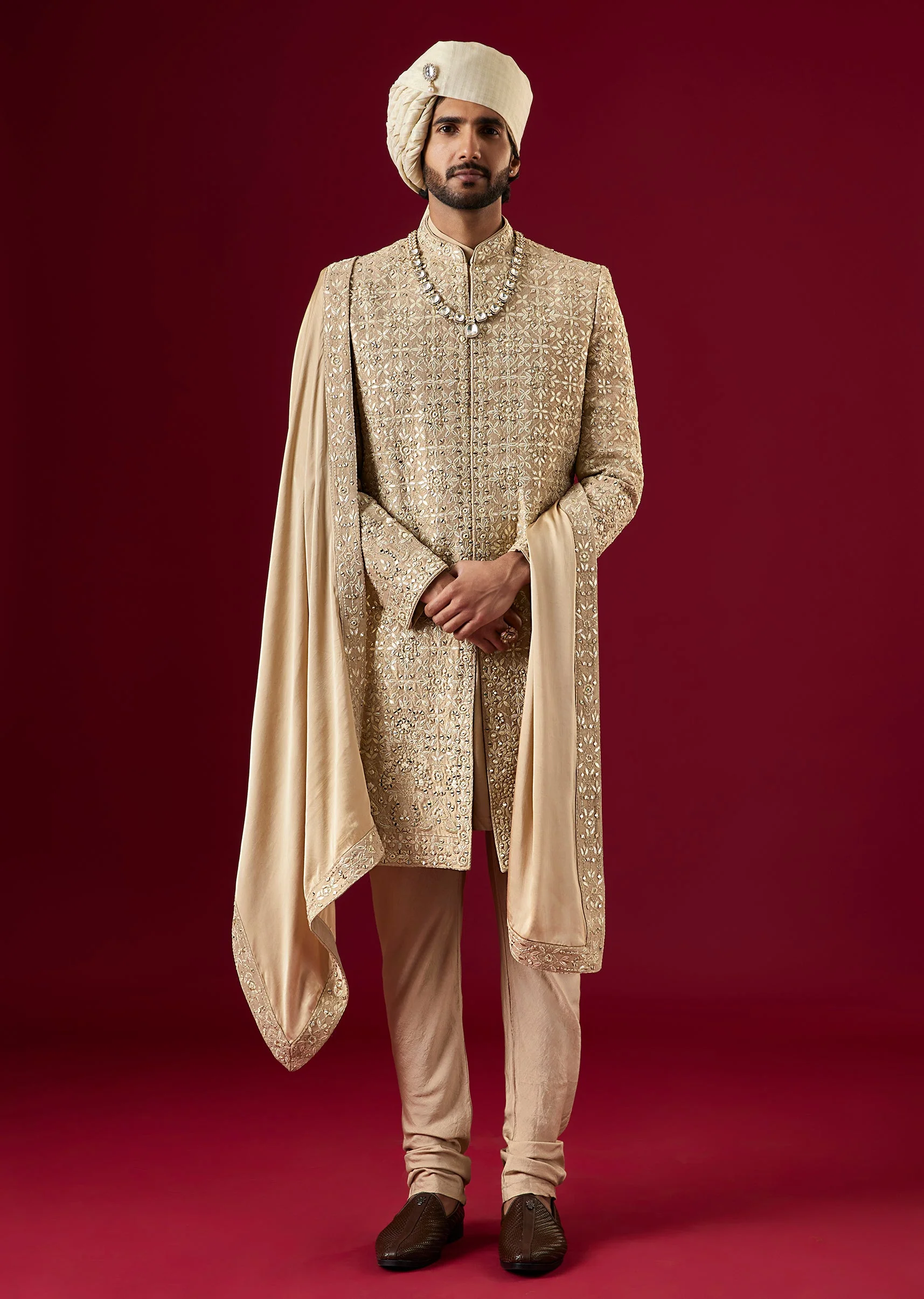 Gold Silk Sherwani Set With Mirror Dori Work - Image 3