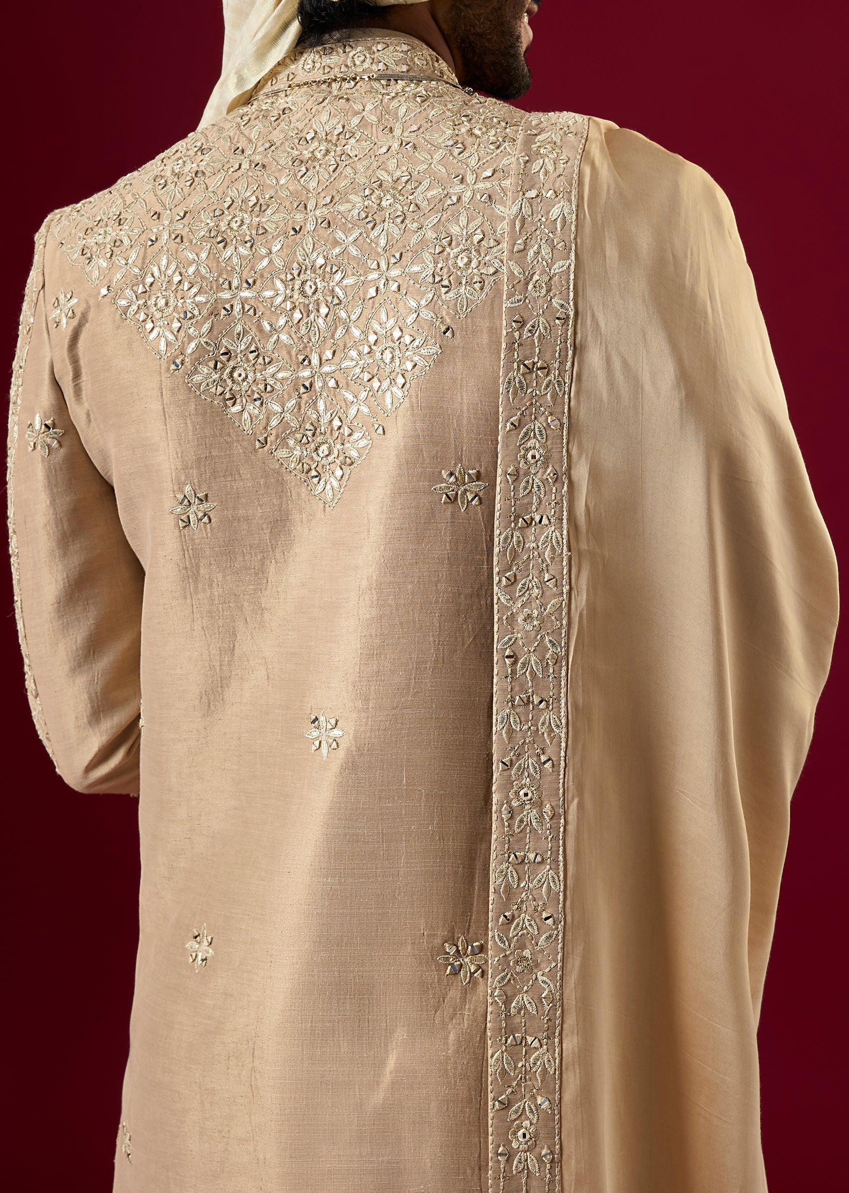 Gold Silk Sherwani Set With Mirror Dori Work - Image 4