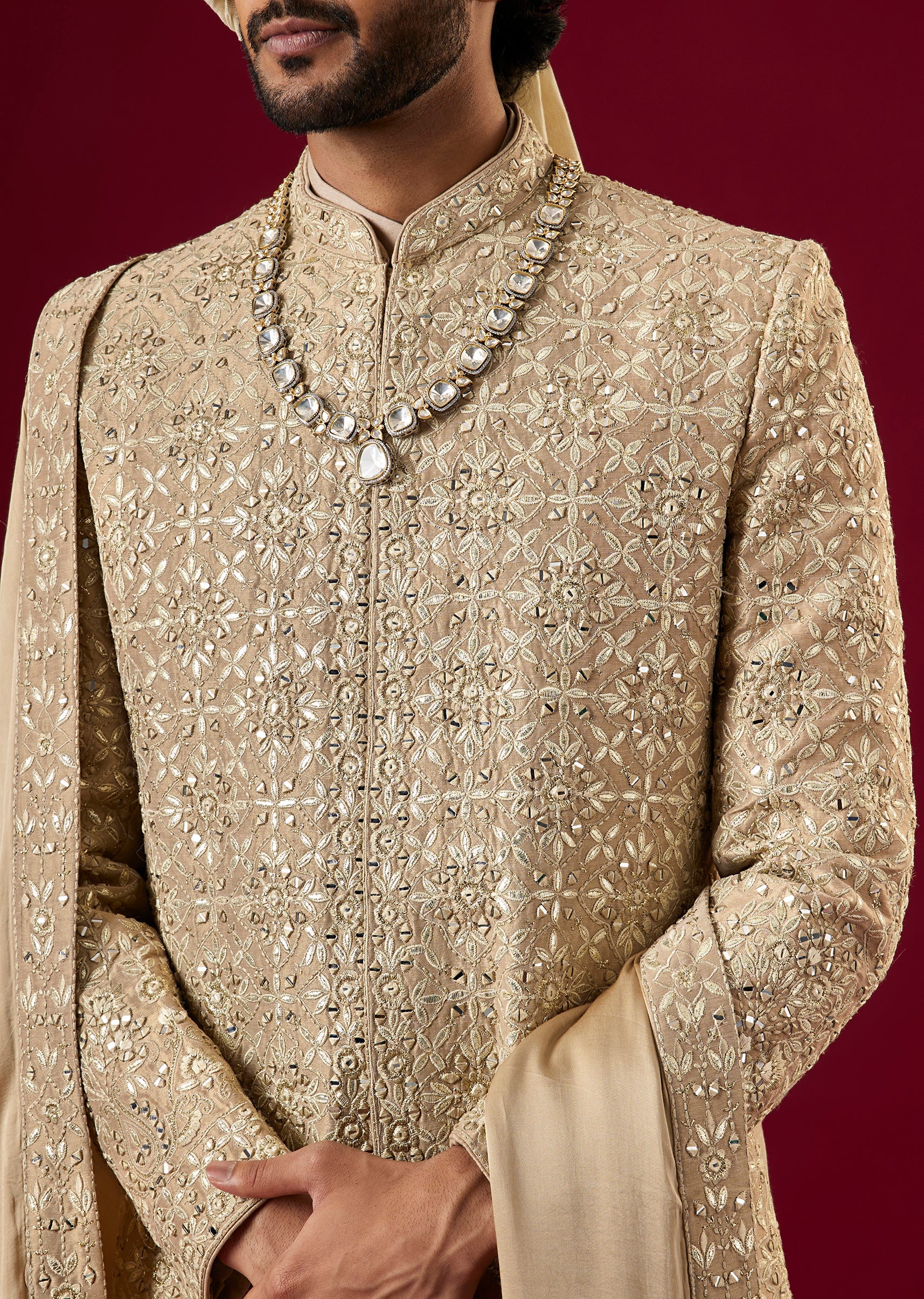 Gold Silk Sherwani Set With Mirror Dori Work - Image 5