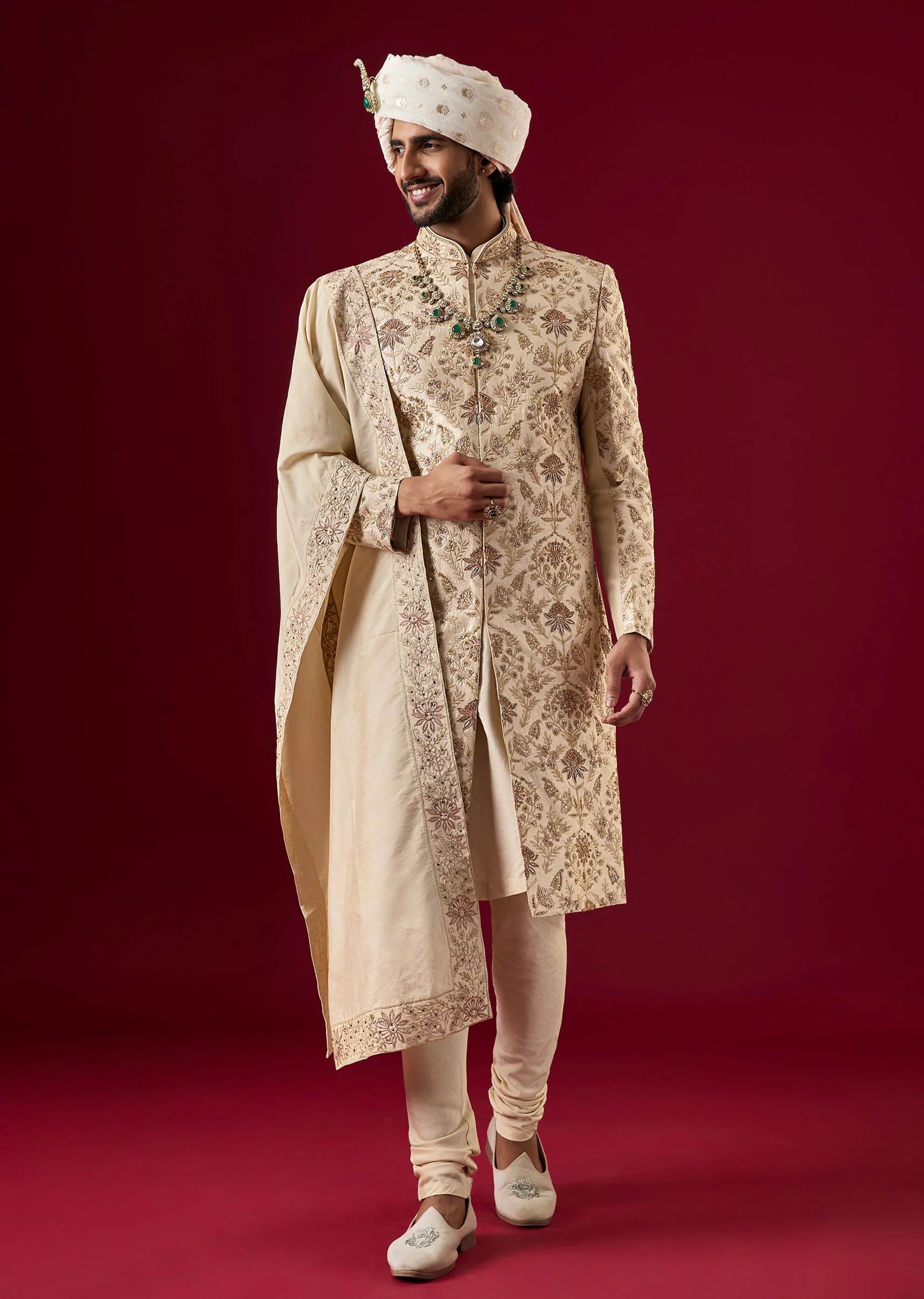 Gold Silk Sherwani Set With Zari And Zardosi Work
