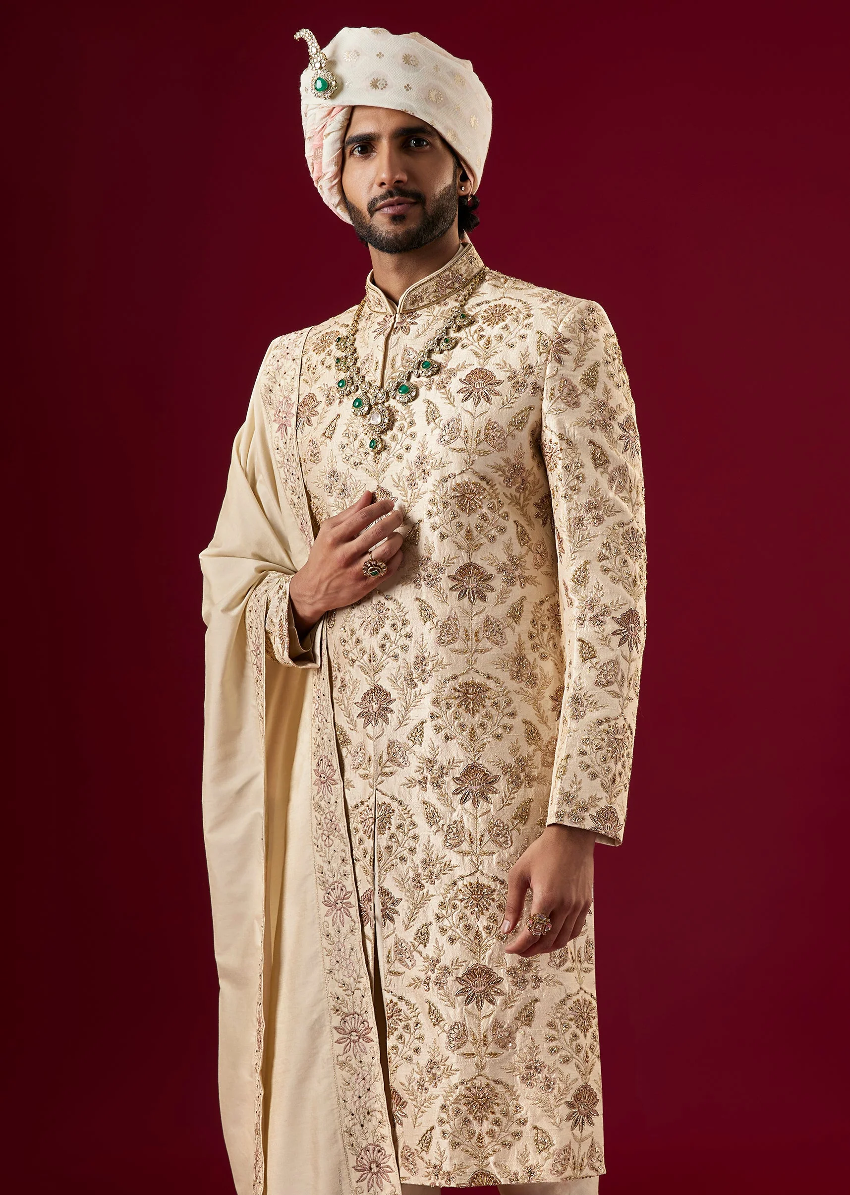Gold Silk Sherwani Set With Zari And Zardosi Work - Image 2