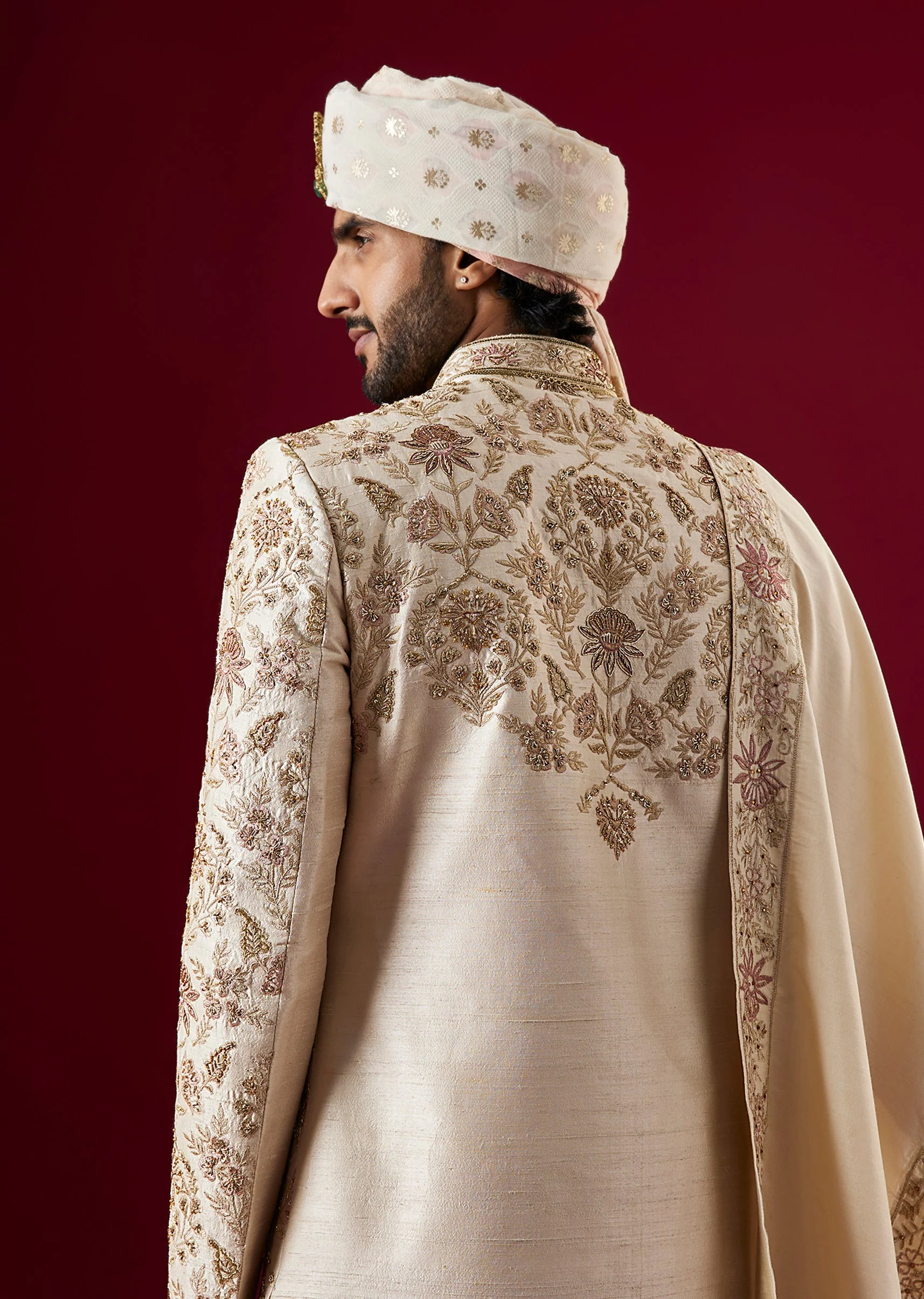 Gold Silk Sherwani Set With Zari And Zardosi Work - Image 4