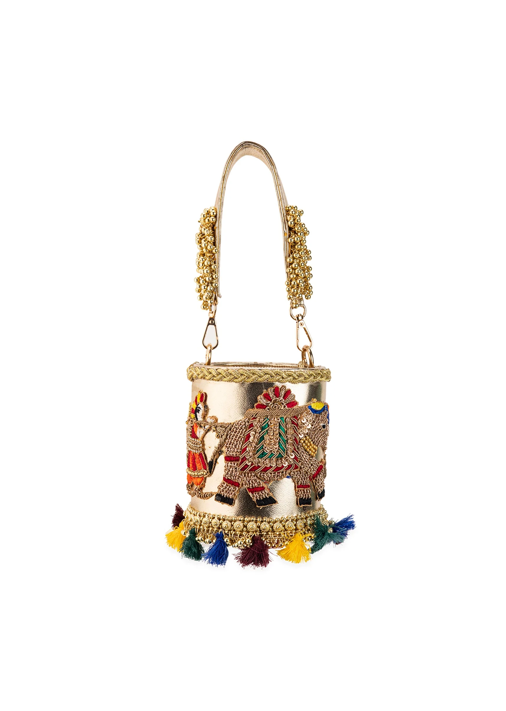 Gold Tassel Drop Embroidered Potli Bucket Bag - Image 3