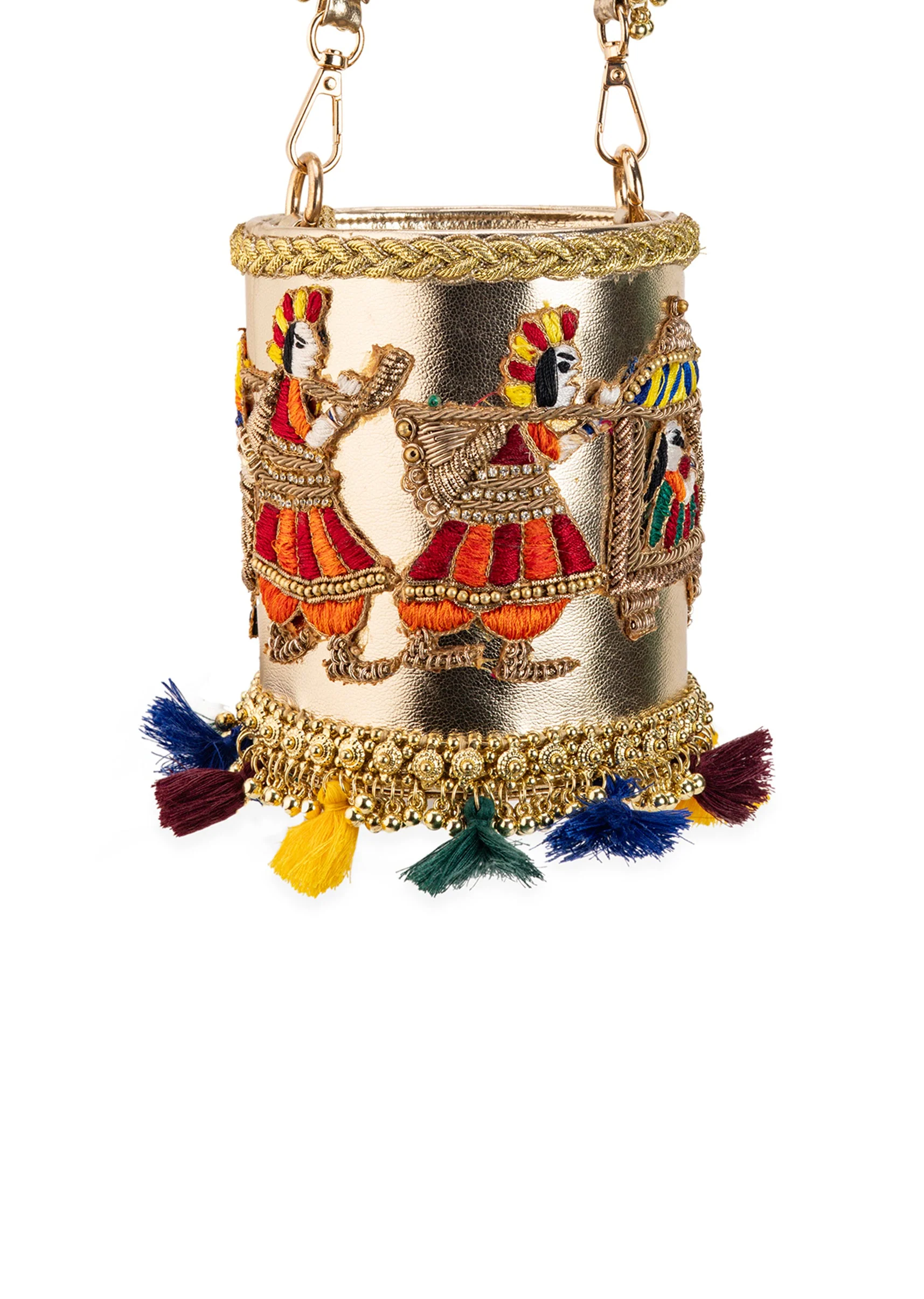 Gold Tassel Drop Embroidered Potli Bucket Bag - Image 4
