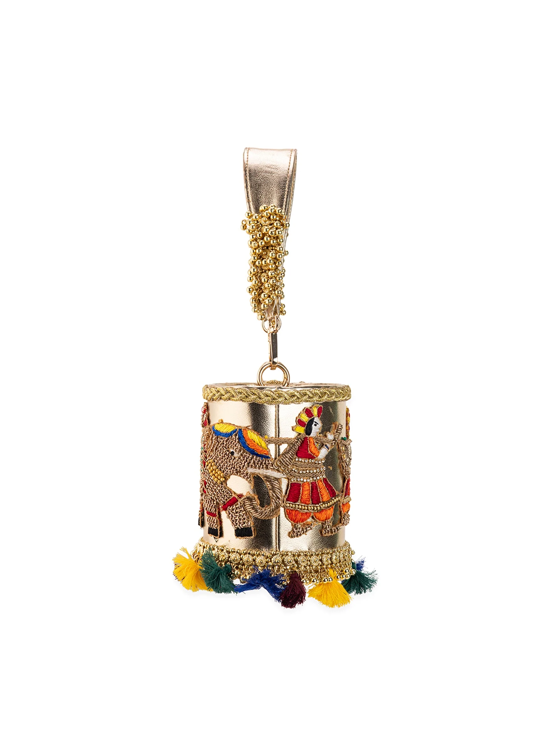Gold Tassel Drop Embroidered Potli Bucket Bag - Image 5