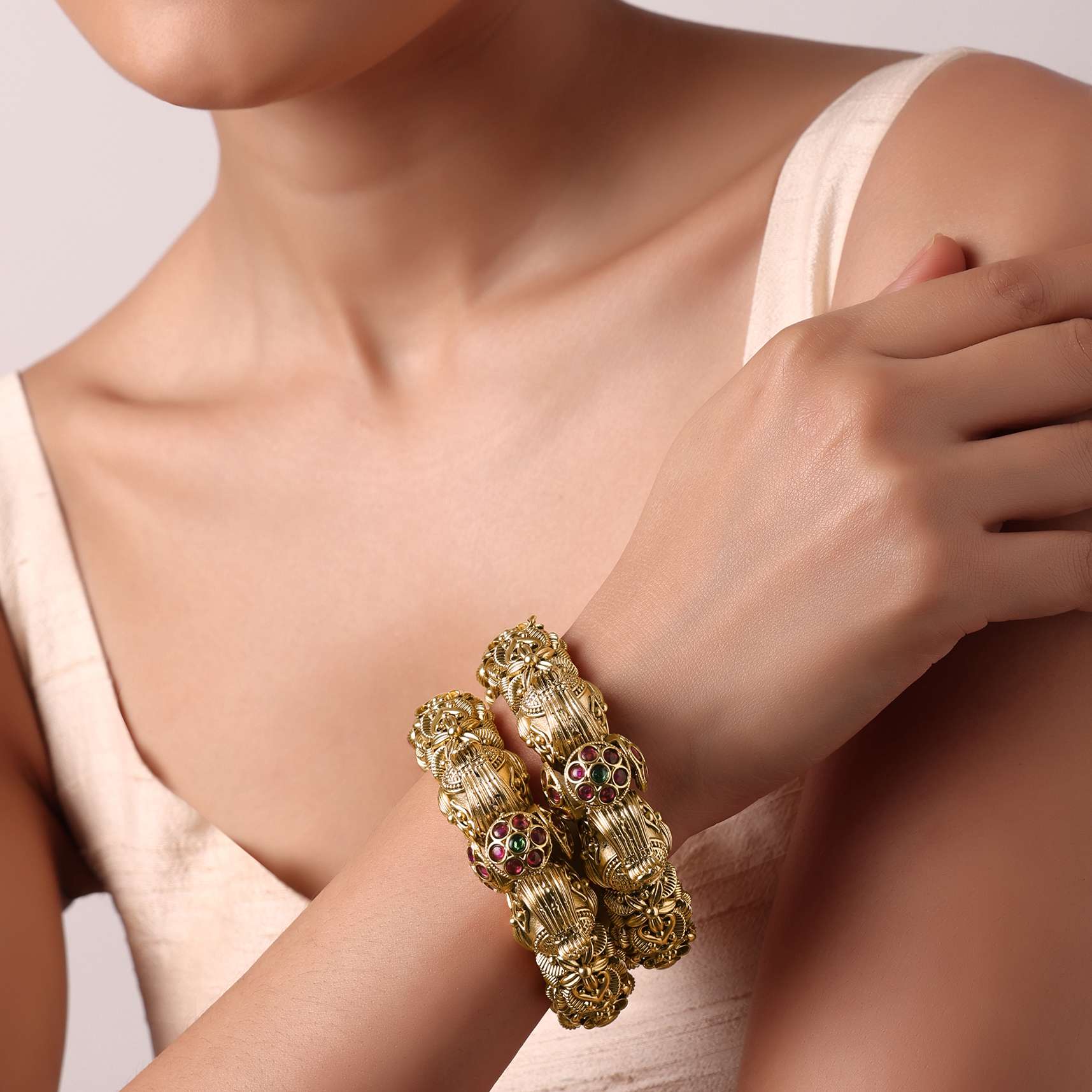 Gold Temple Bangle With Kundan (Set of 2) - Image 5