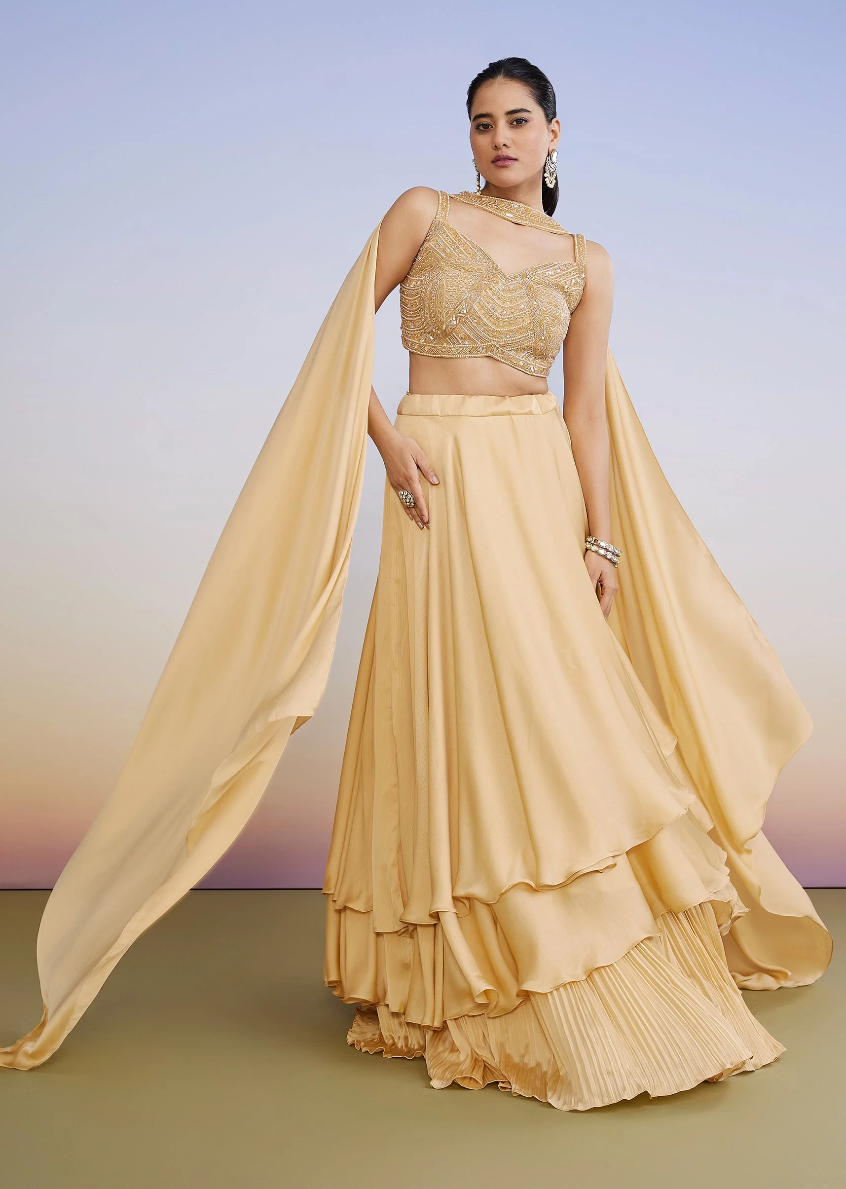 Gold Tiered Ruffle Lehenga - Image 4