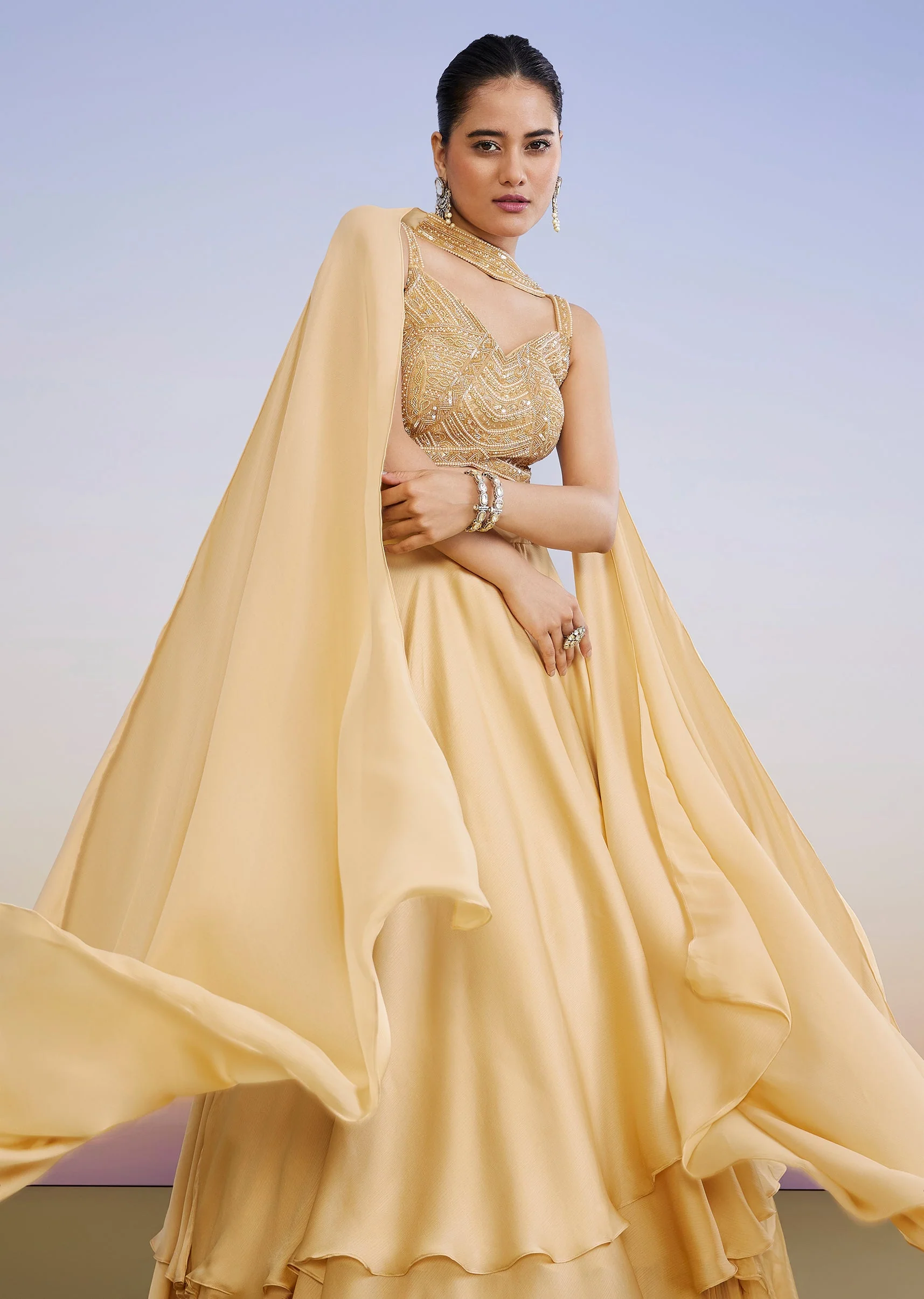 Gold Tiered Ruffle Lehenga - Image 5