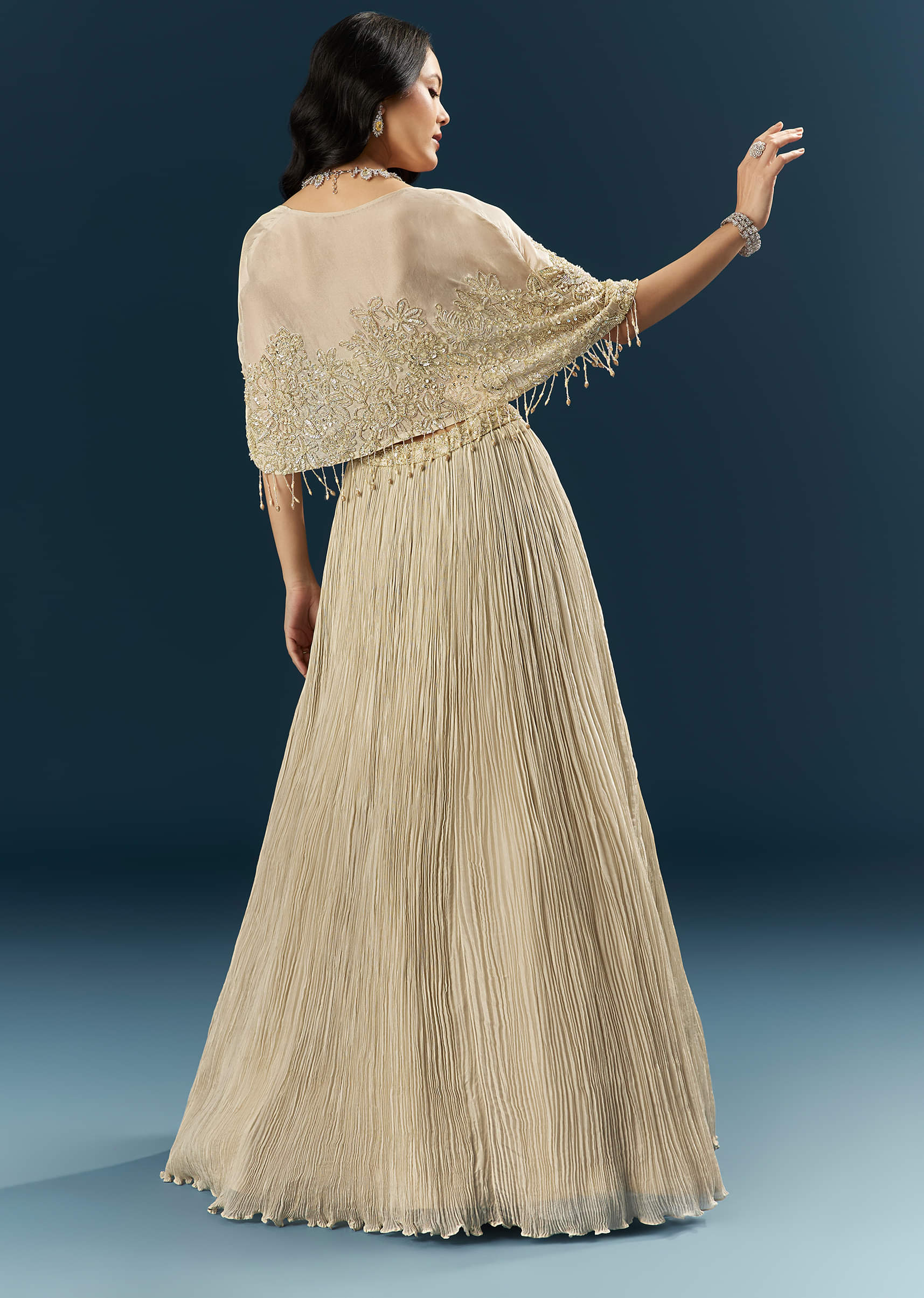 Gold Tissue Bridesmaid Lehenga With Cutdana And Beads Embroidery - Image 2
