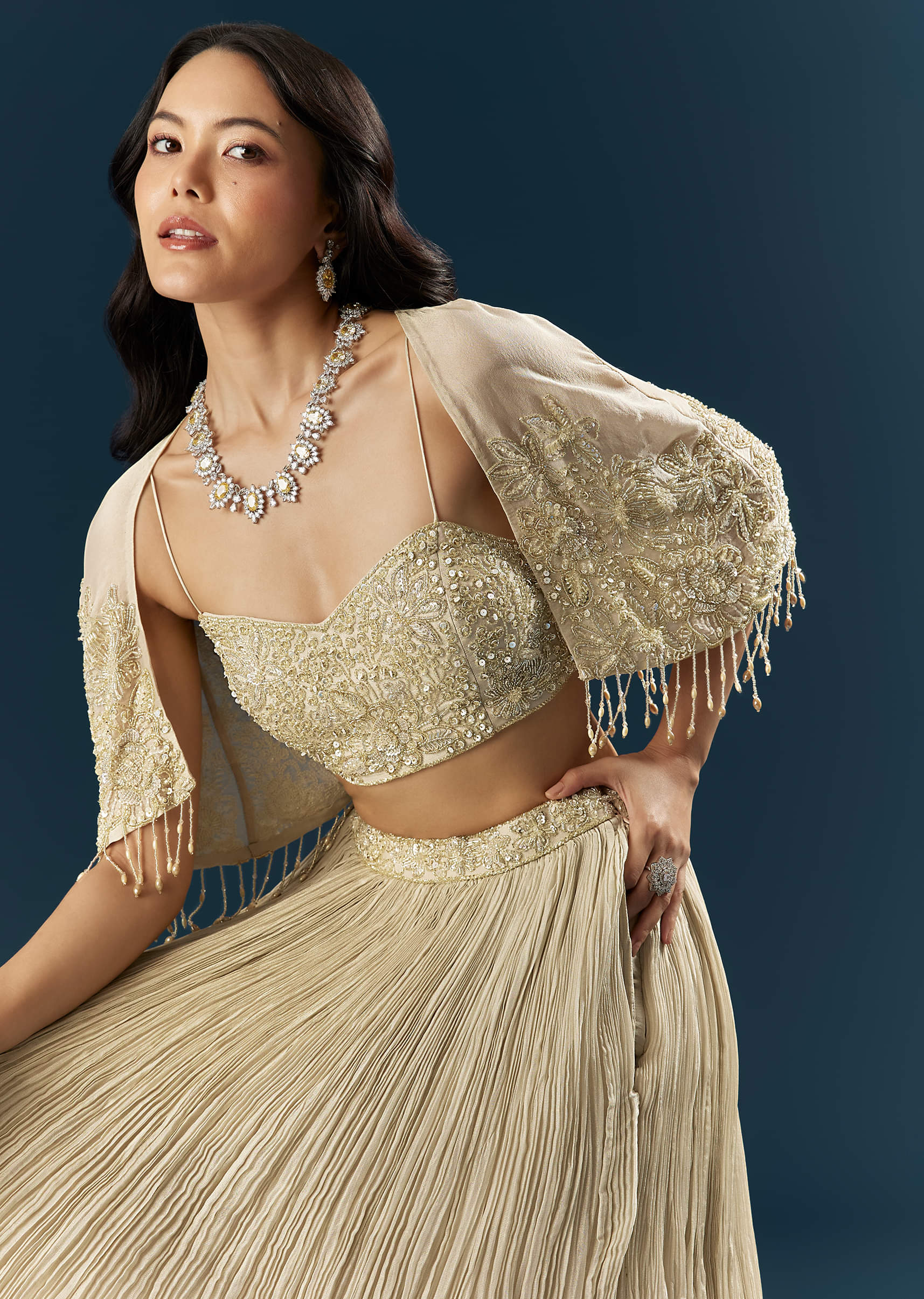 Gold Tissue Bridesmaid Lehenga With Cutdana And Beads Embroidery - Image 3