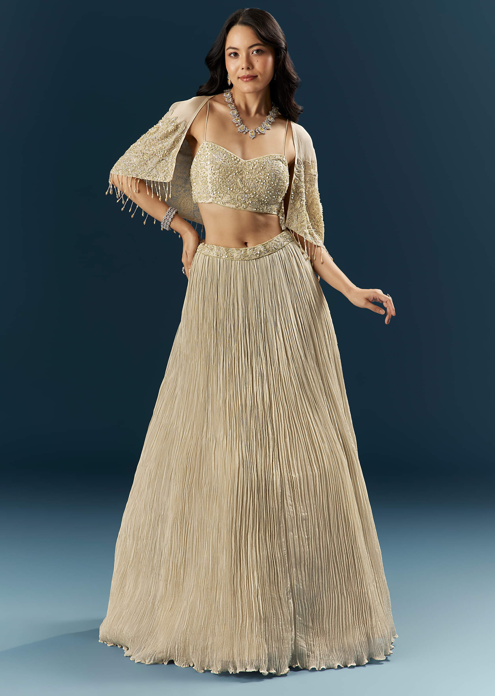 Gold Tissue Bridesmaid Lehenga With Cutdana And Beads Embroidery - Image 7