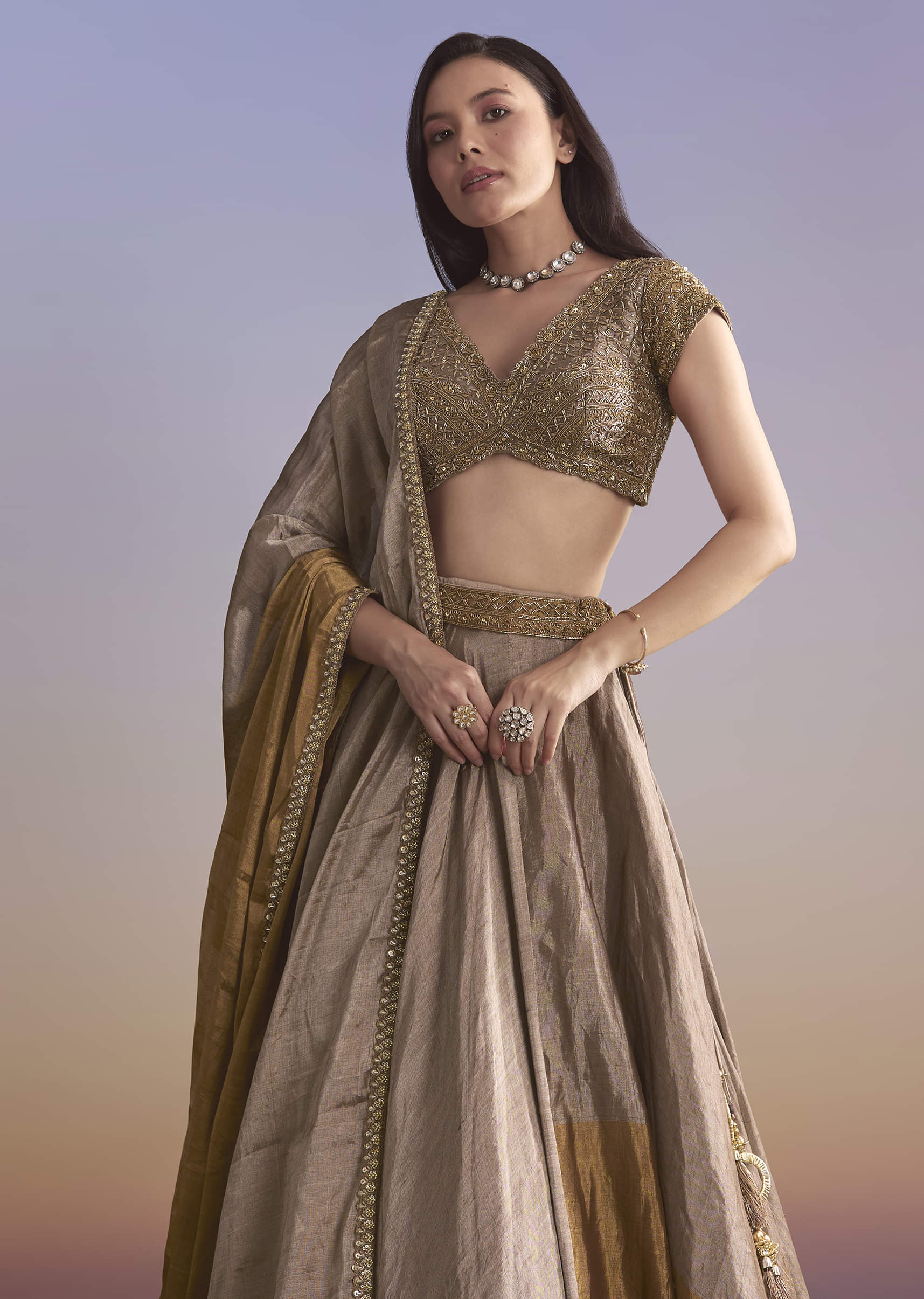 Gold Tissue Bridesmaid Lehenga With Zardosi Embroidery - Image 5