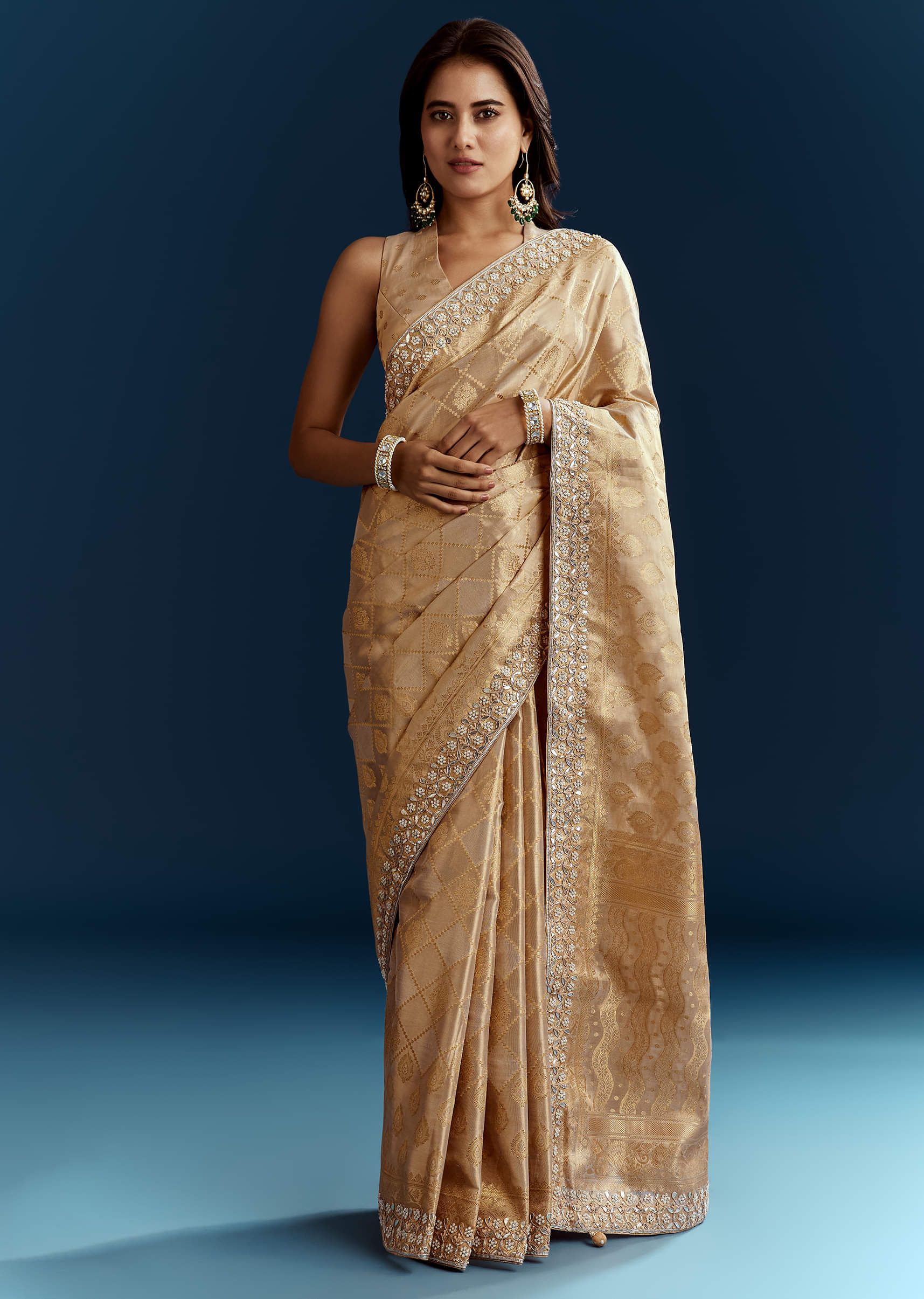 Gold Tissue Brocade Saree With Tassels And Gota Patti Moti Embroidery