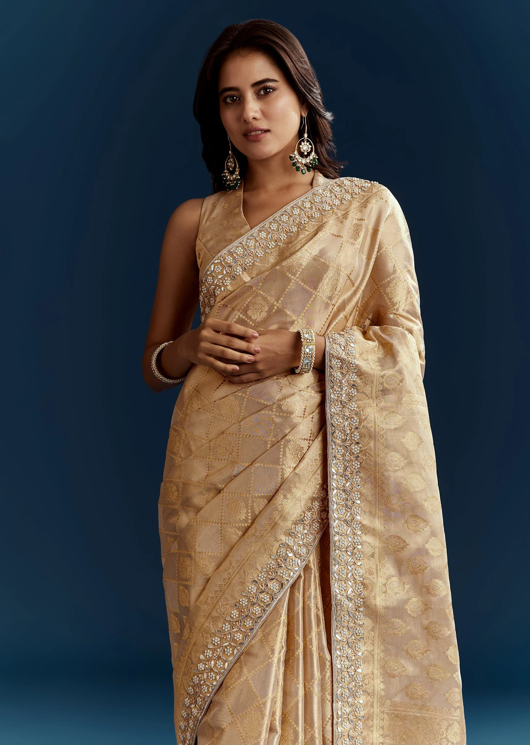 Gold Tissue Brocade Saree With Tassels And Gota Patti Moti Embroidery - Image 3