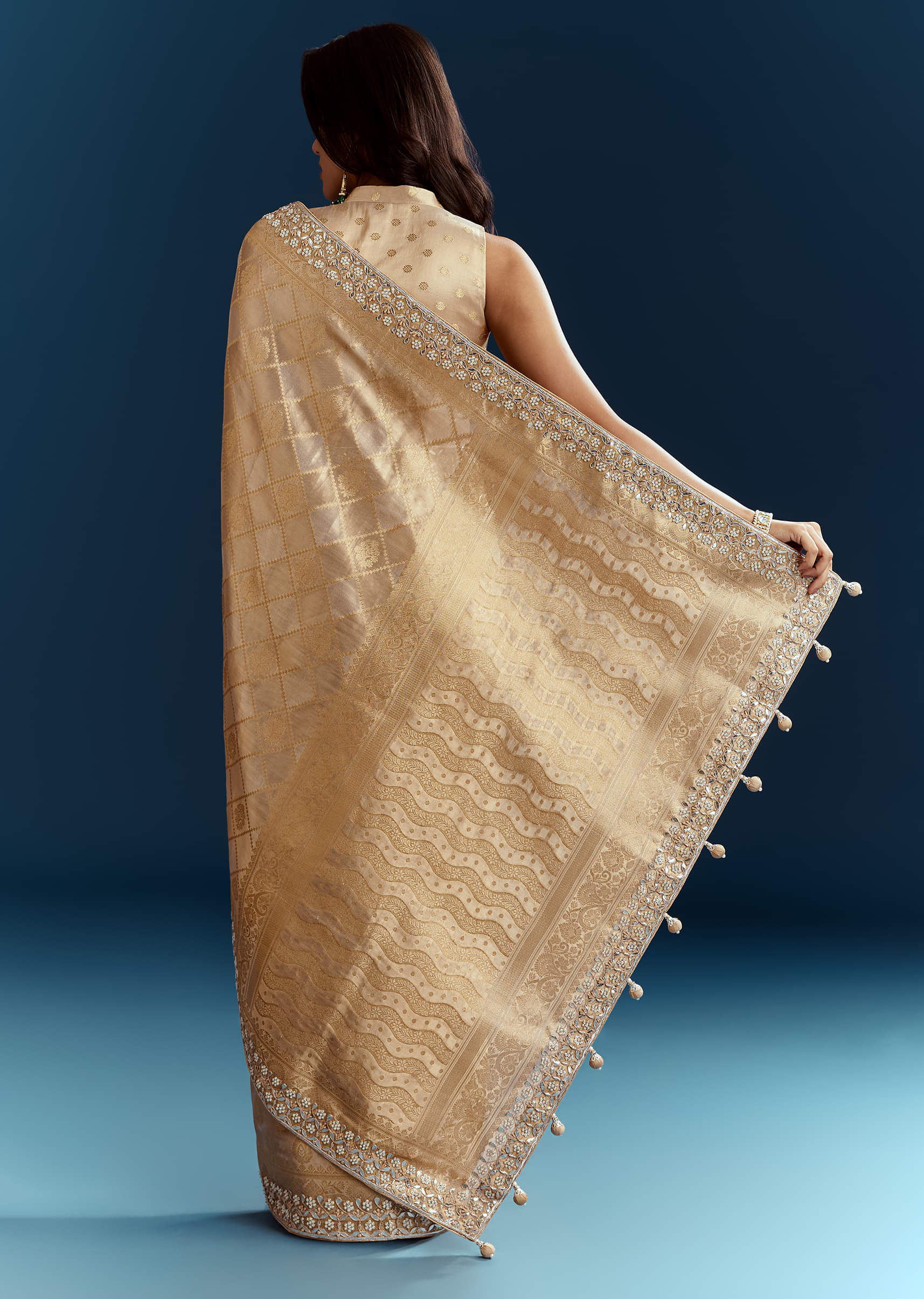 Gold Tissue Brocade Saree With Tassels And Gota Patti Moti Embroidery - Image 5