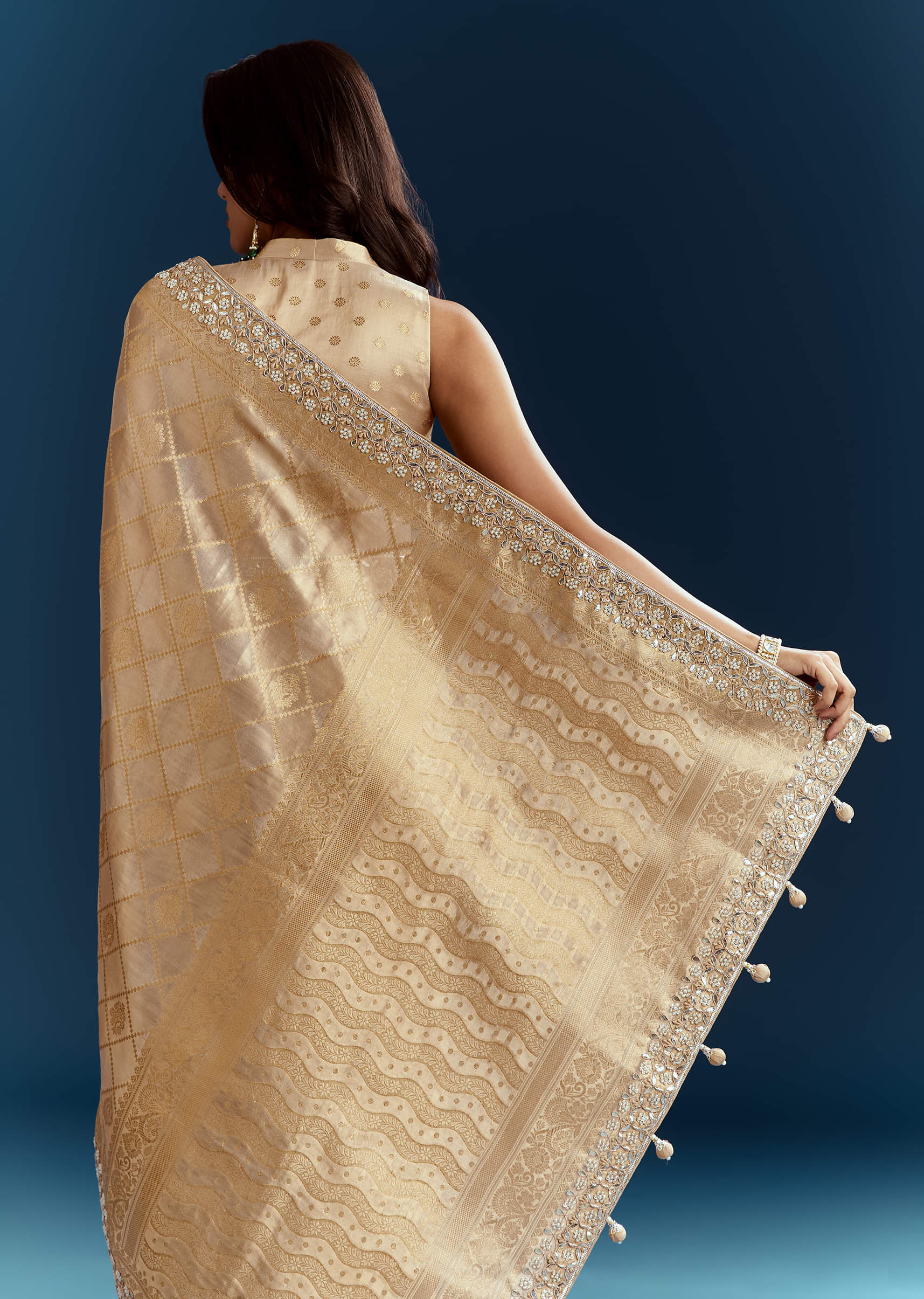 Gold Tissue Brocade Saree With Tassels And Gota Patti Moti Embroidery - Image 6