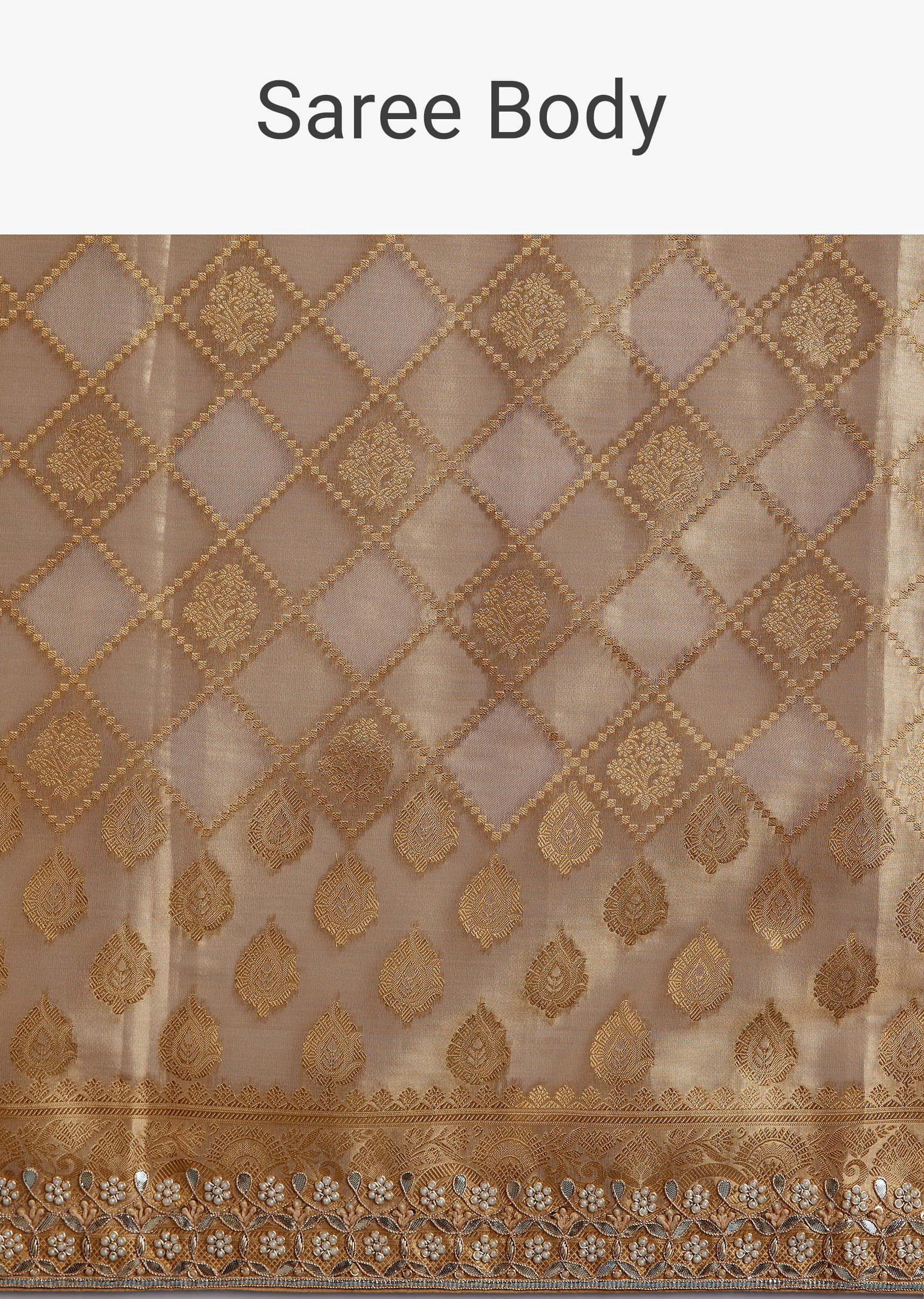 Gold Tissue Brocade Saree With Tassels And Gota Patti Moti Embroidery - Image 9