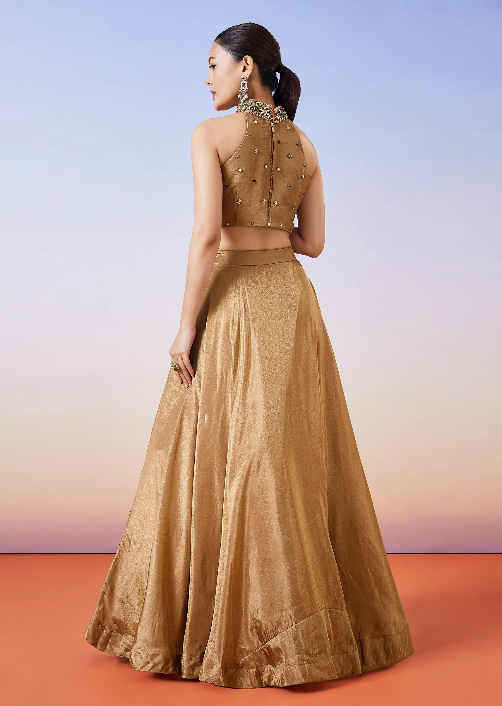 Gold Tissue Handwork Crop Skirt Lehenga - Image 2