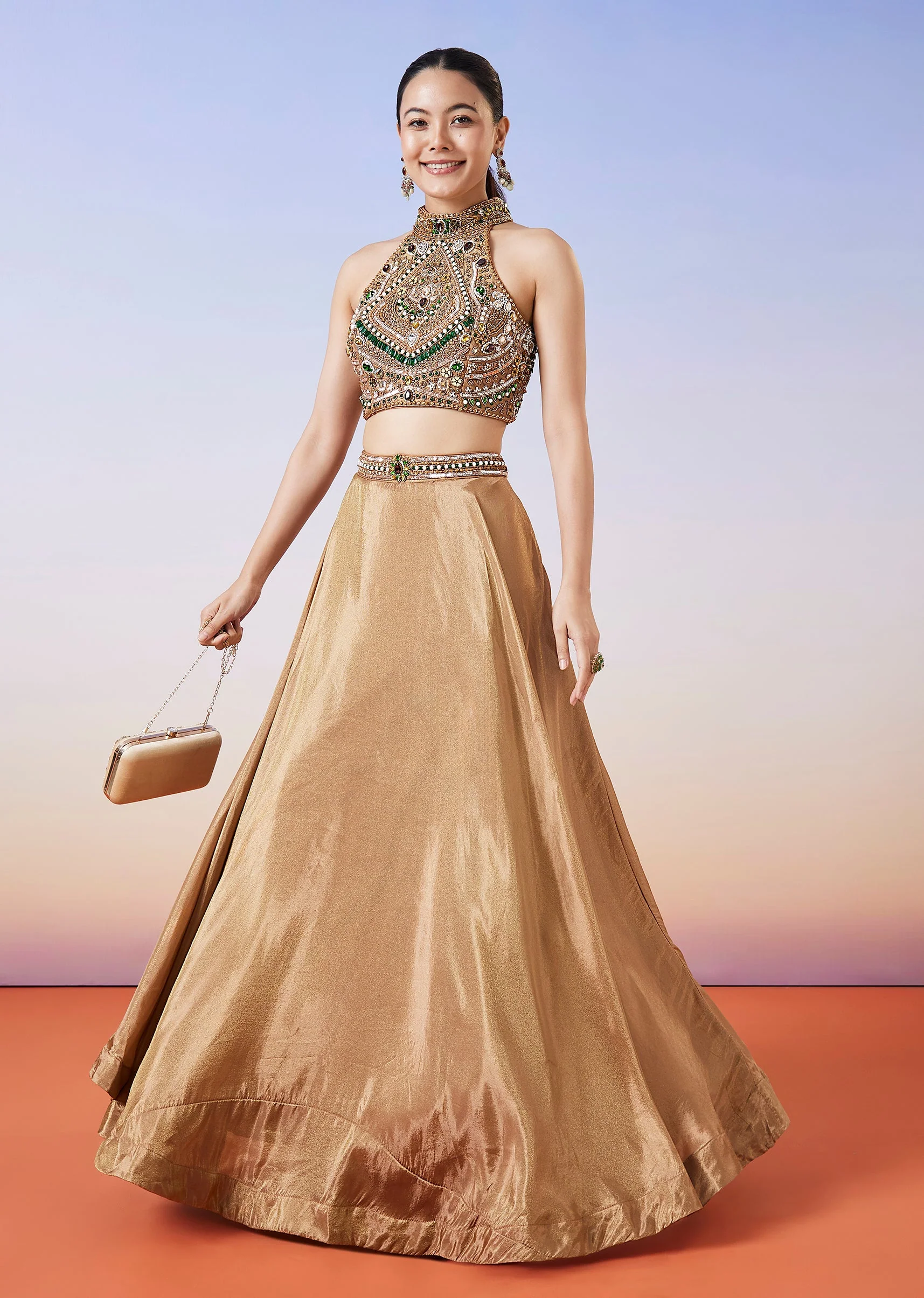 Gold Tissue Handwork Crop Skirt Lehenga - Image 4
