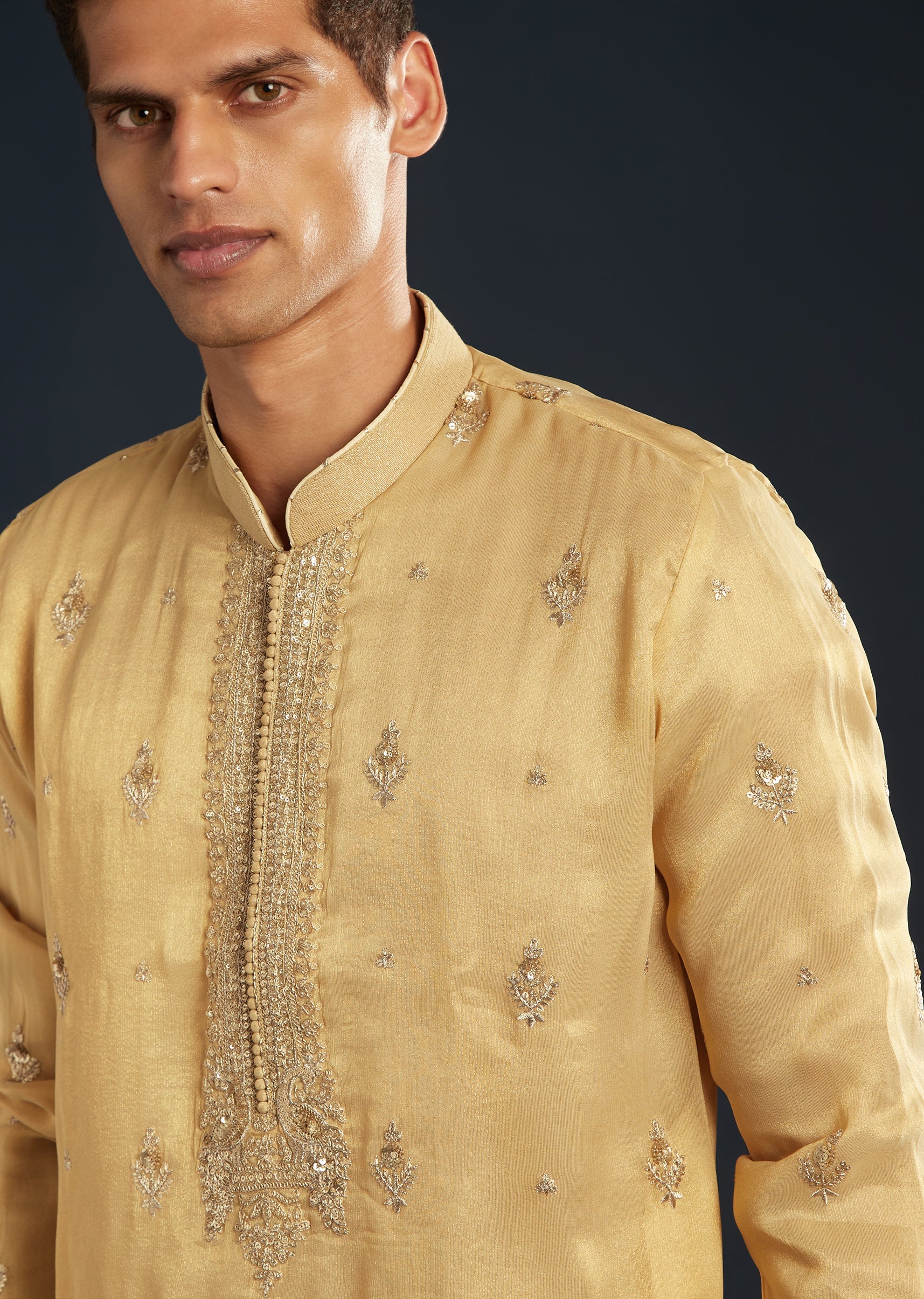 Gold Tissue Kurta Set With Sequin Embroidery - Image 2