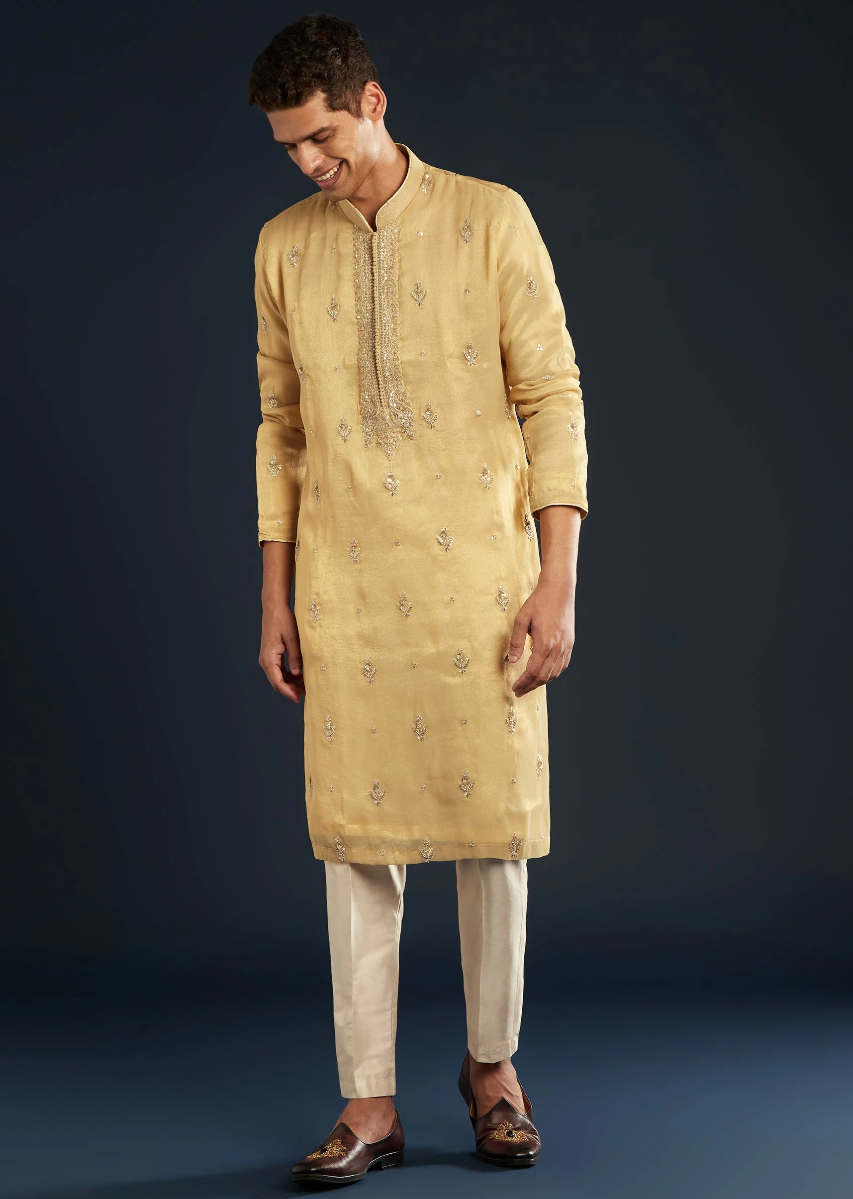 Gold Tissue Kurta Set With Sequin Embroidery - Image 3