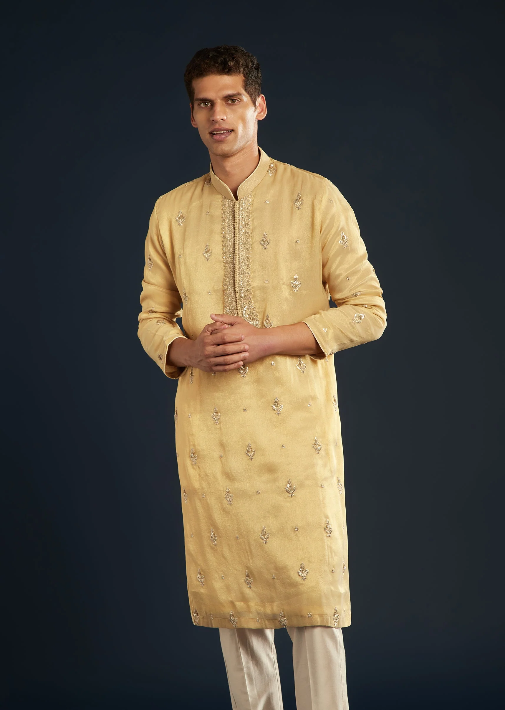 Gold Tissue Kurta Set With Sequin Embroidery - Image 4